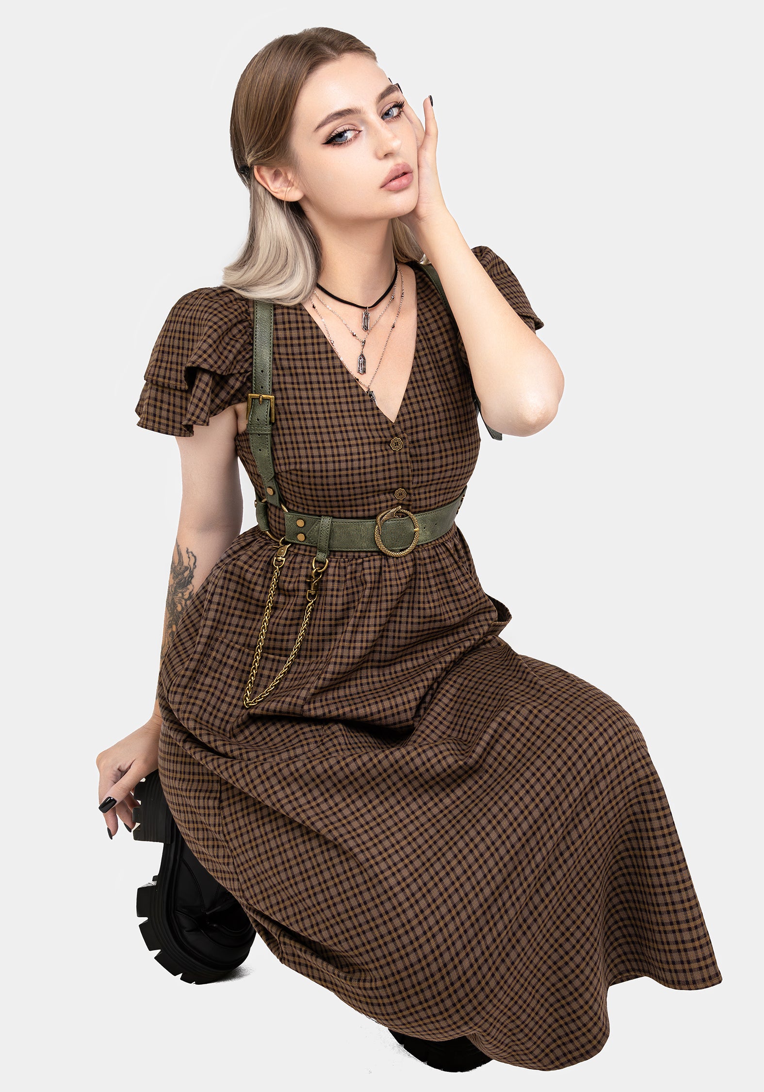Brown Check Button-Up Midi Dress with Pockets | Sweetspire