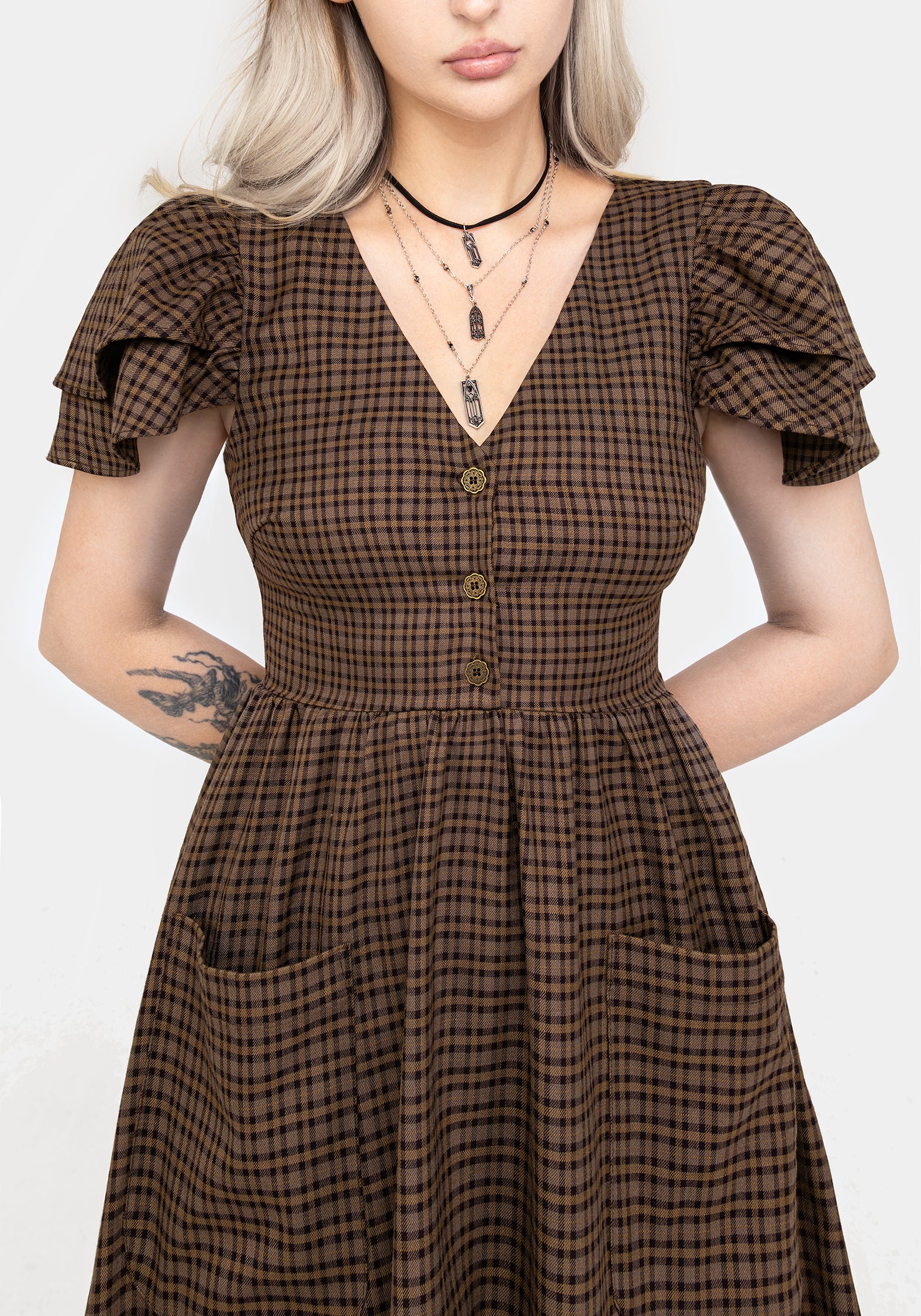 Brown Check Button-Up Midi Dress with Pockets | Sweetspire
