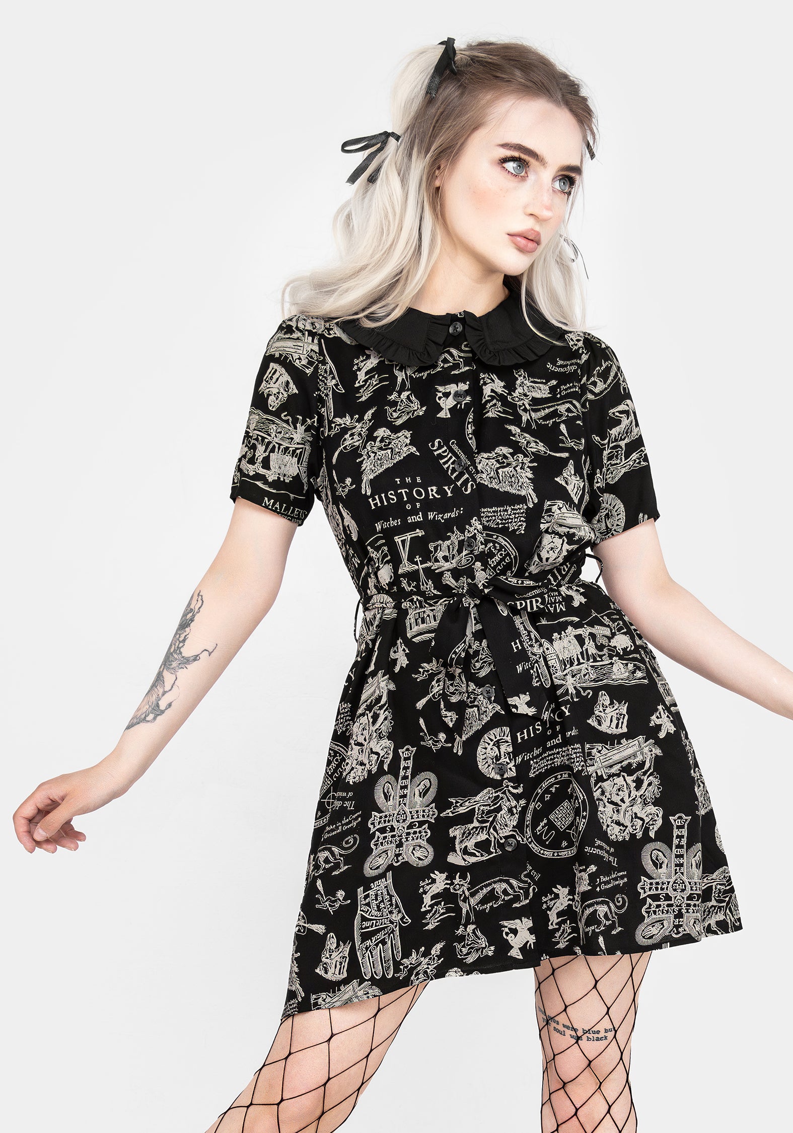 Black Witchcraft Print Button-Up Mini Shirt Dress | Heresy