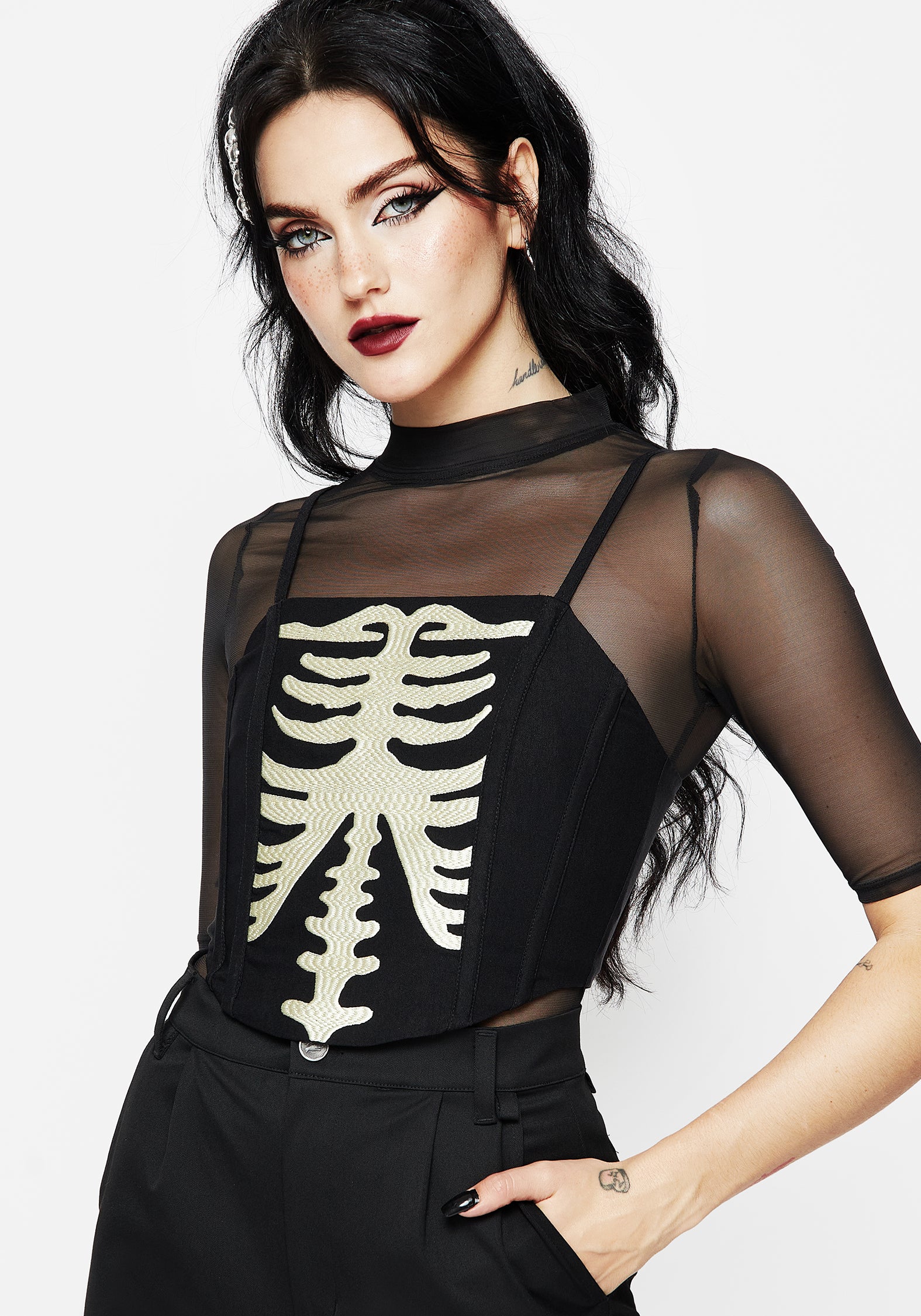 Black Ribcage Embroidered Corset Top with Adjustable Straps | Slim Fit Cropped Style