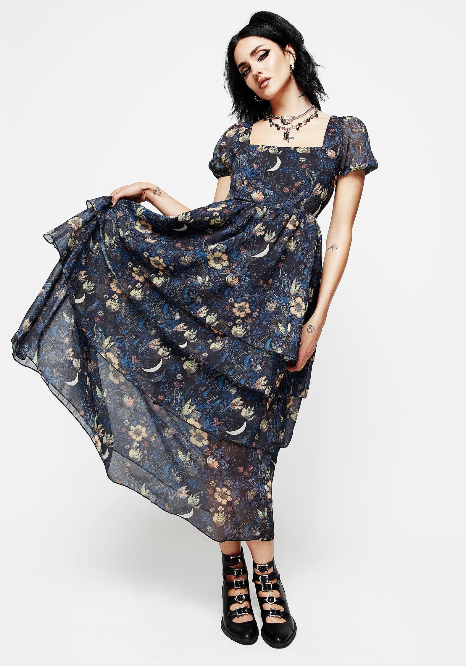 Floral Chiffon Dress with Layered Midaxi Skirt | Primrose