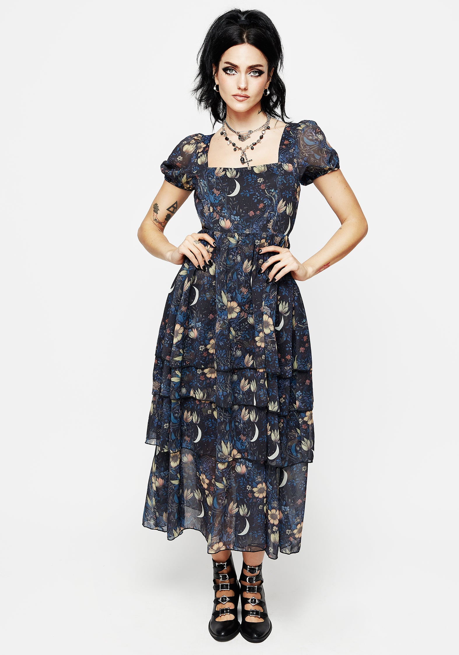 Floral Chiffon Dress with Layered Midaxi Skirt | Primrose