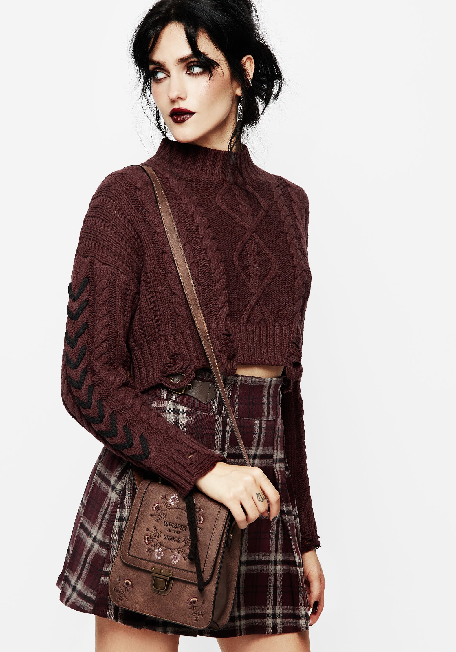 Distressed Cable Knit Crop Sweater - Burgundy Mock Neck | Skulk