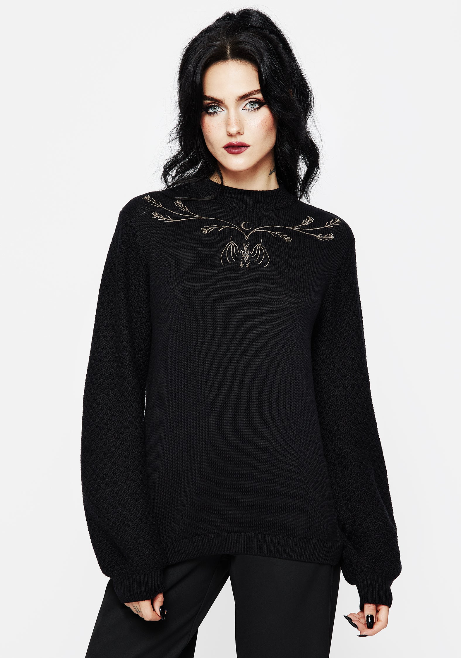 Gothic Bat Embroidered Sweater with Balloon Sleeves | Spectral