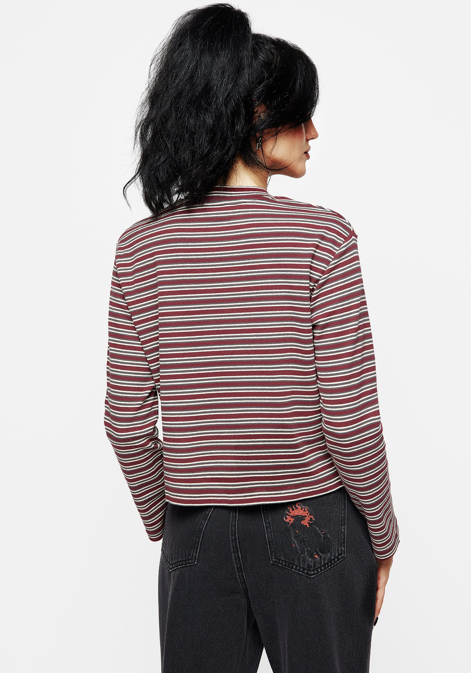 Striped Long Sleeve Crop Tee with Boxy Fit & Side Splits | Calliophis