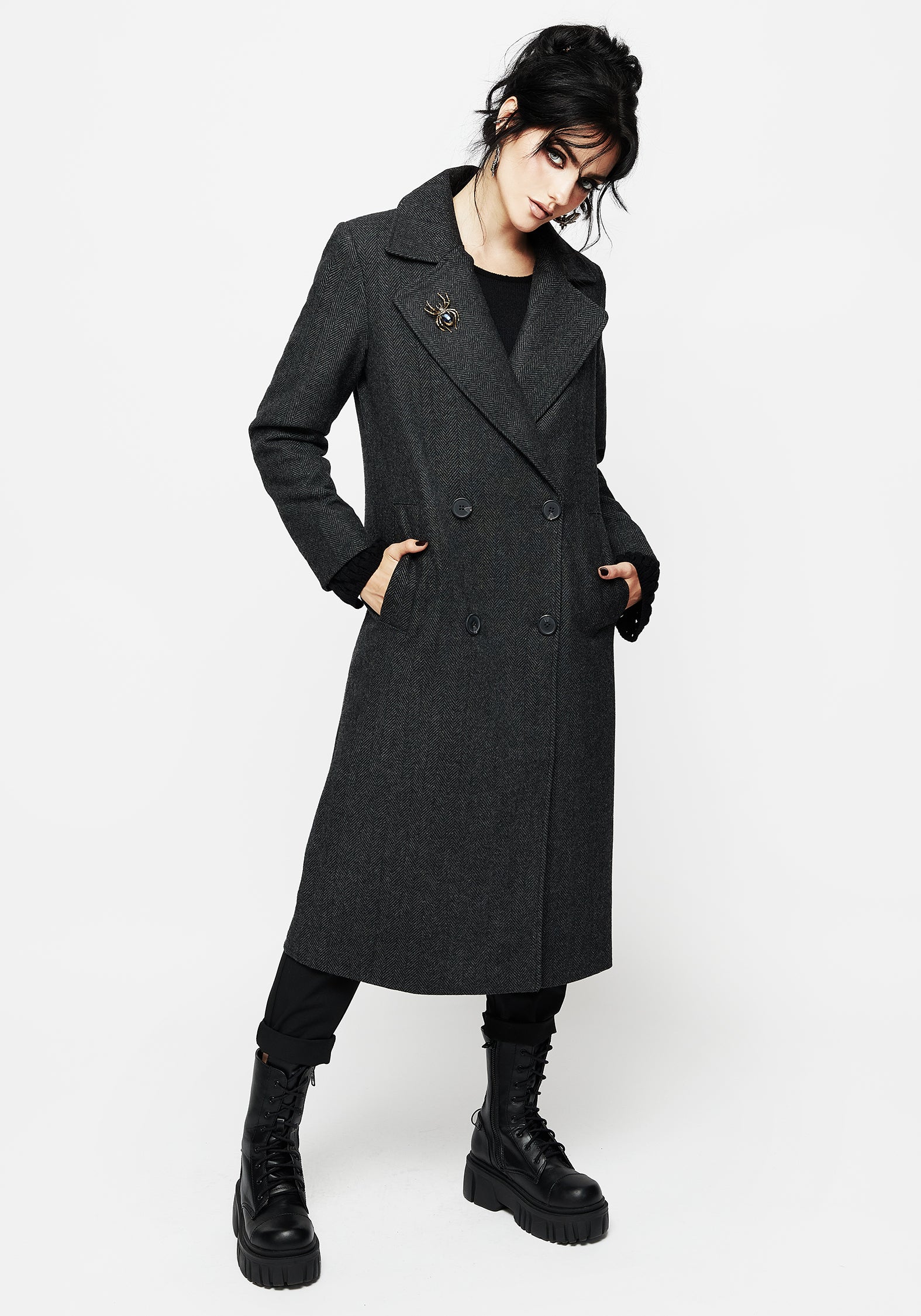 Wool Blend Herringbone Trench Coat with Spider Brooch | Infinite