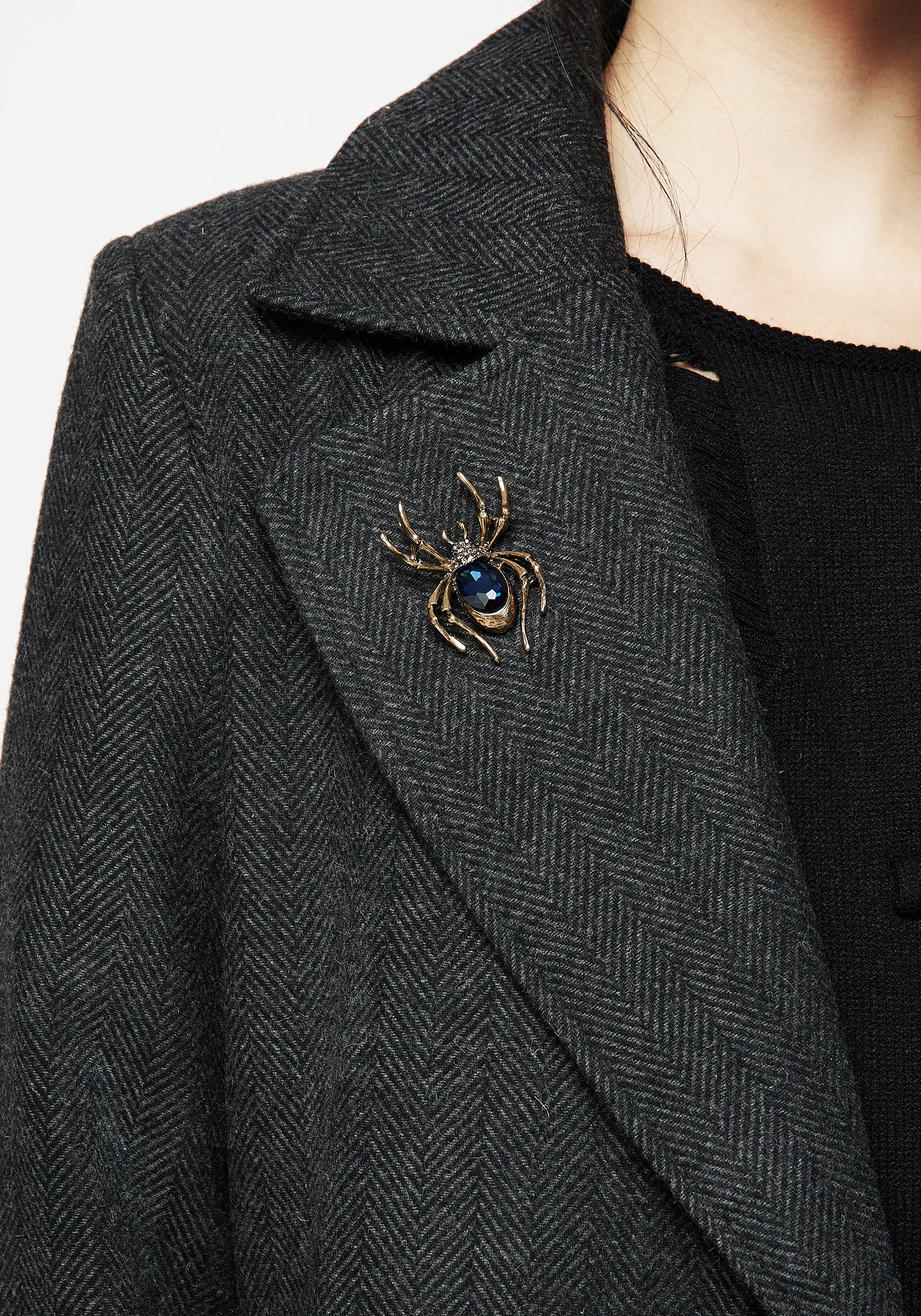 Wool Blend Herringbone Trench Coat with Spider Brooch | Infinite