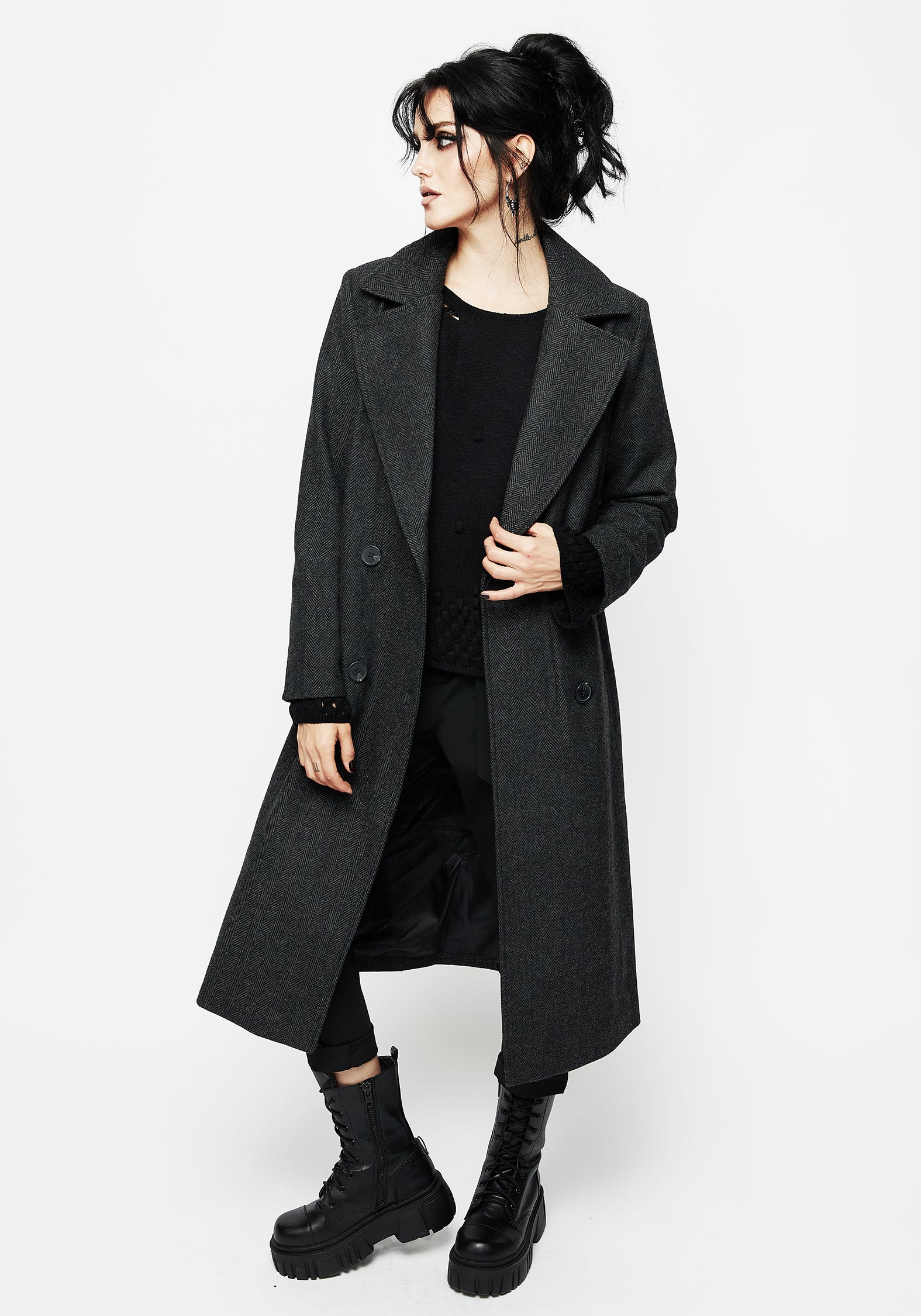 Wool Blend Herringbone Trench Coat with Spider Brooch | Infinite