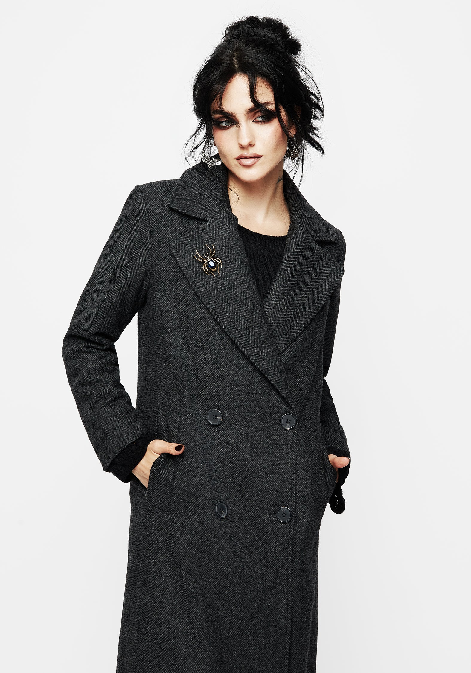 Wool Blend Herringbone Trench Coat with Spider Brooch | Infinite