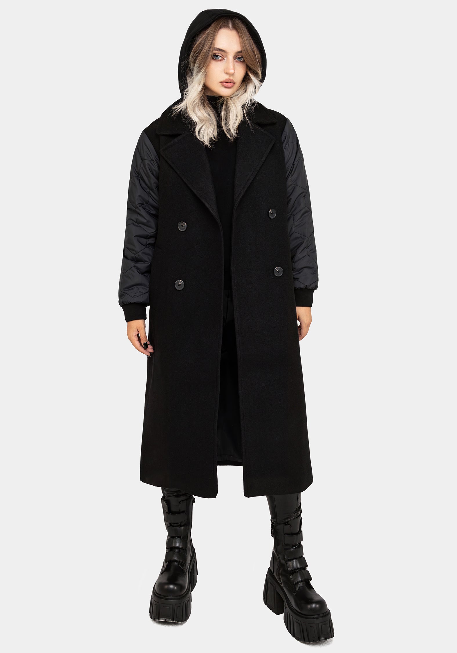 Black Longline Bomber Coat with Detachable Hood | Prism