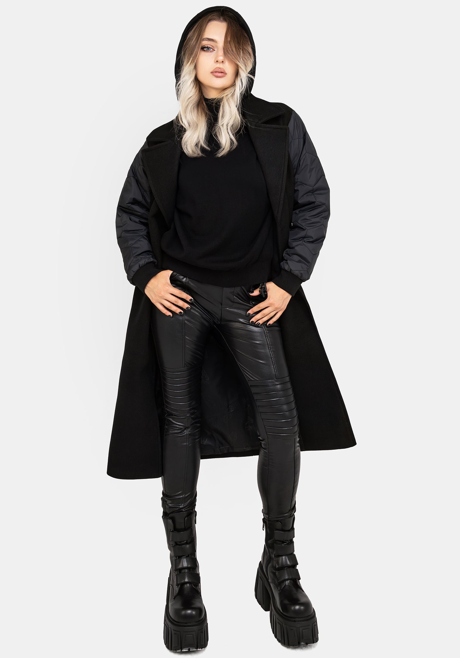 Black Longline Bomber Coat with Detachable Hood | Prism