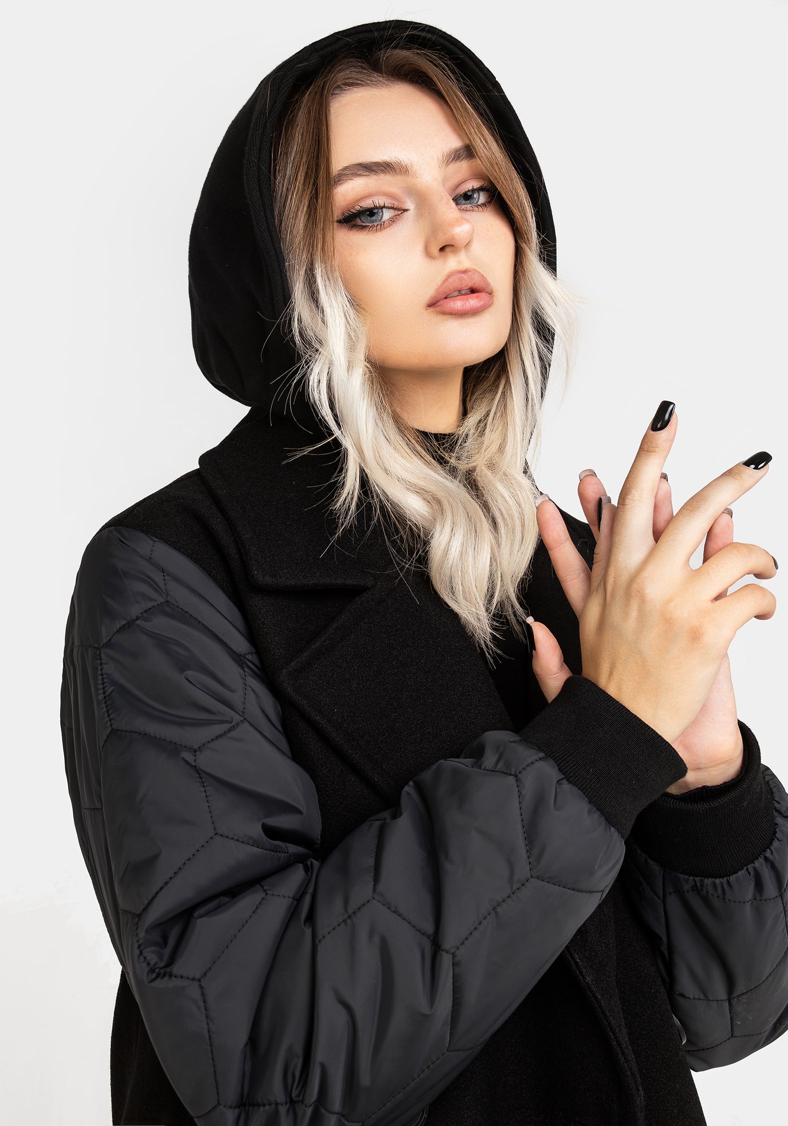 Black Longline Bomber Coat with Detachable Hood | Prism