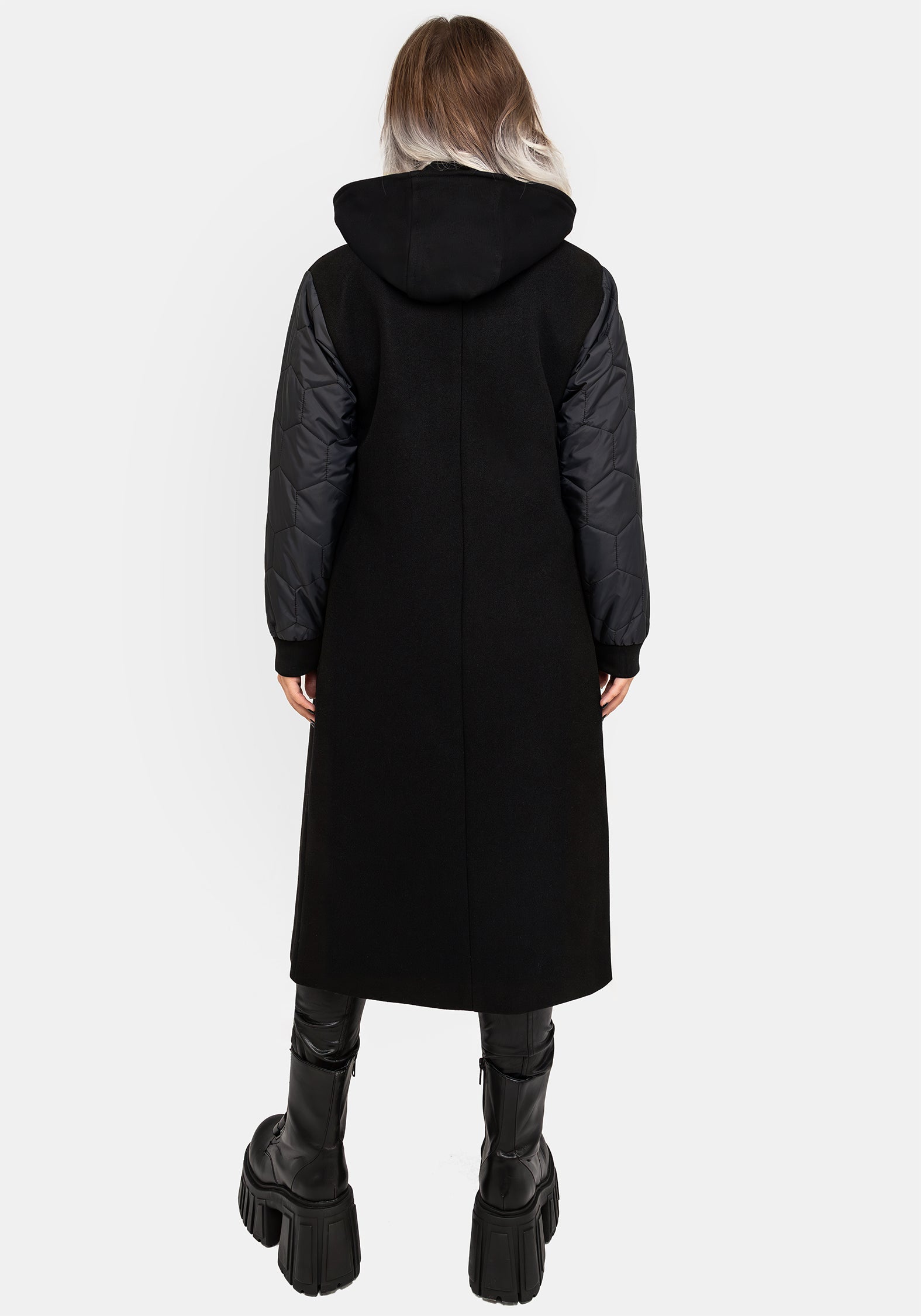 Black Longline Bomber Coat with Detachable Hood | Prism