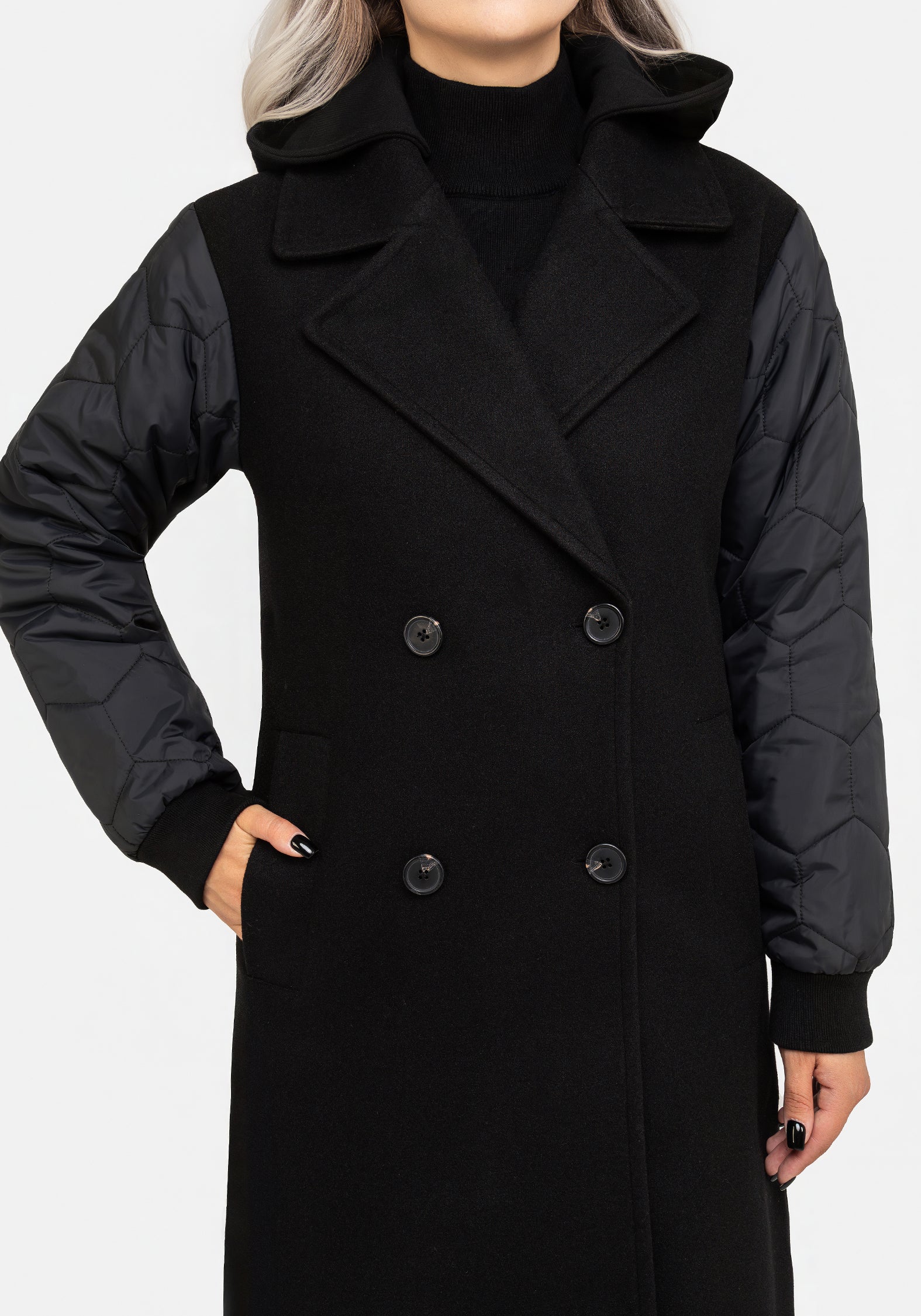 Black Longline Bomber Coat with Detachable Hood | Prism