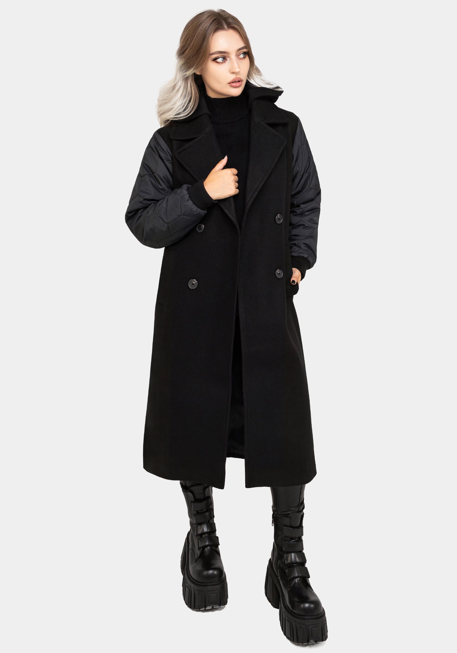 Black Longline Bomber Coat with Detachable Hood | Prism