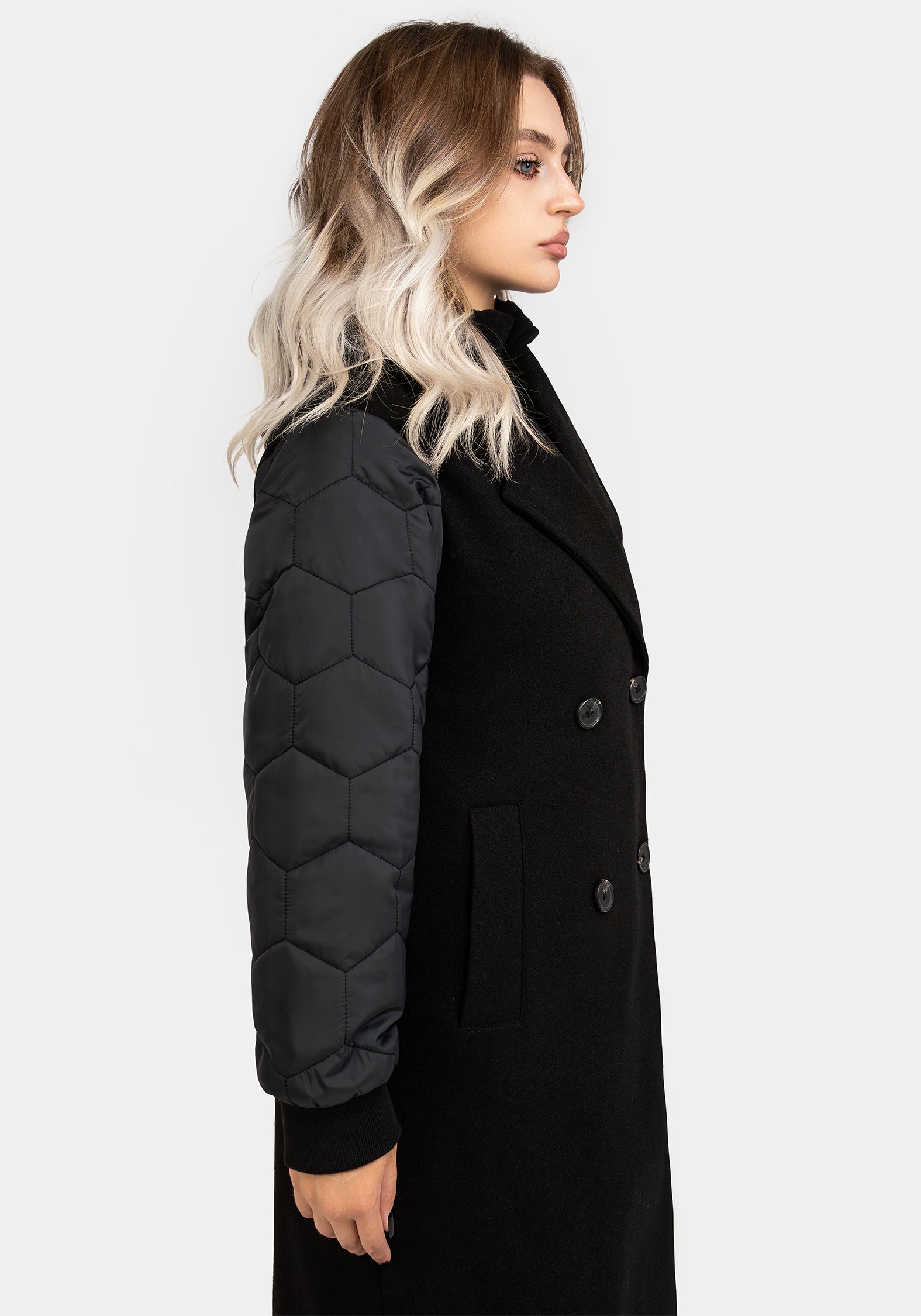 Black Longline Bomber Coat with Detachable Hood | Prism