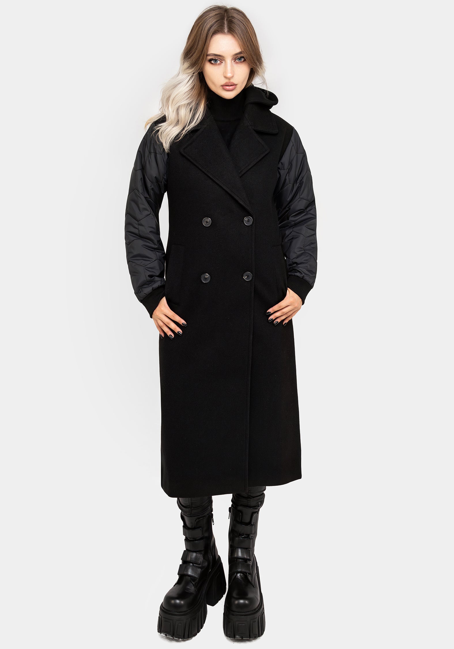 Black Longline Bomber Coat with Detachable Hood | Prism