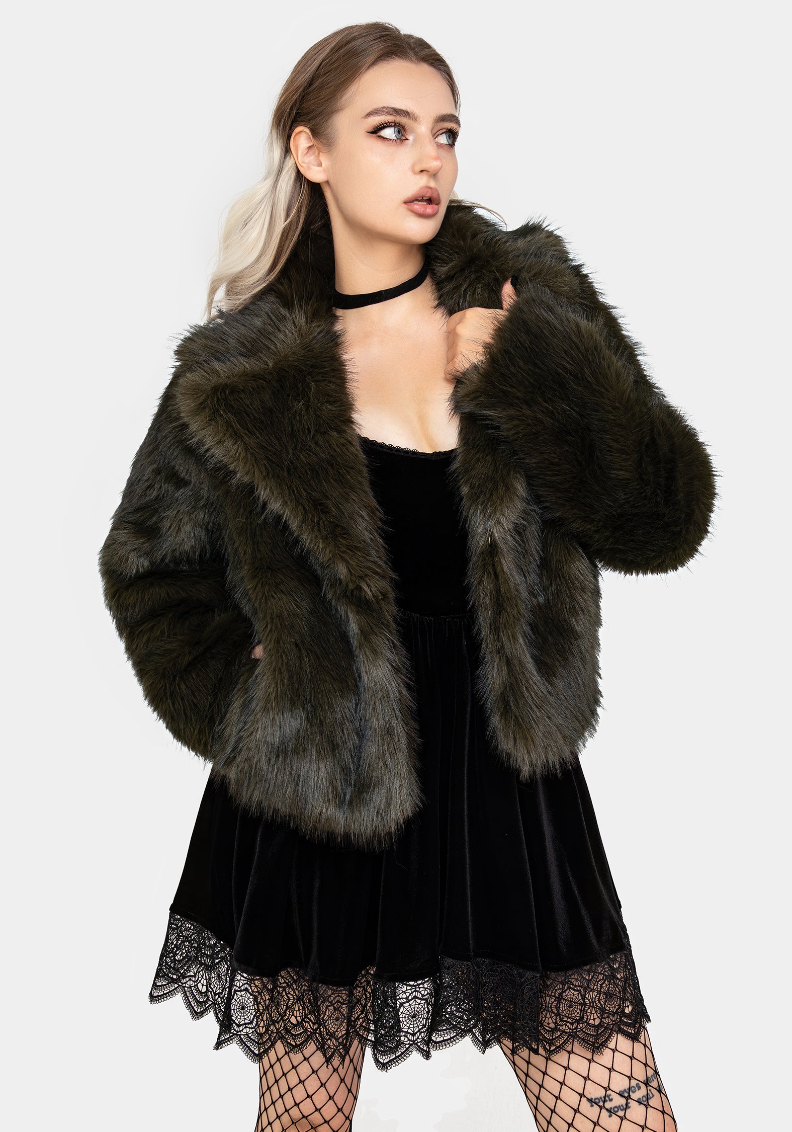 Dark Green Faux Fur Cropped Jacket with Side Pockets | Monstrum