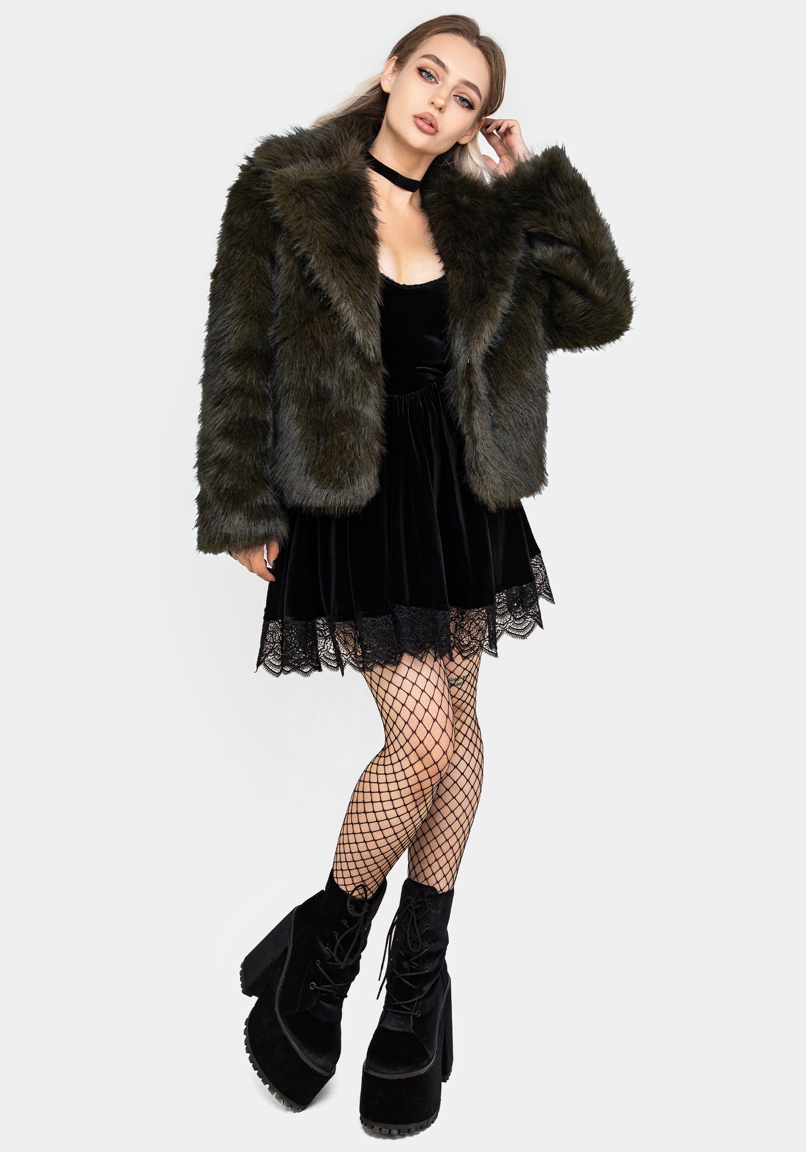 Dark Green Faux Fur Cropped Jacket with Side Pockets | Monstrum