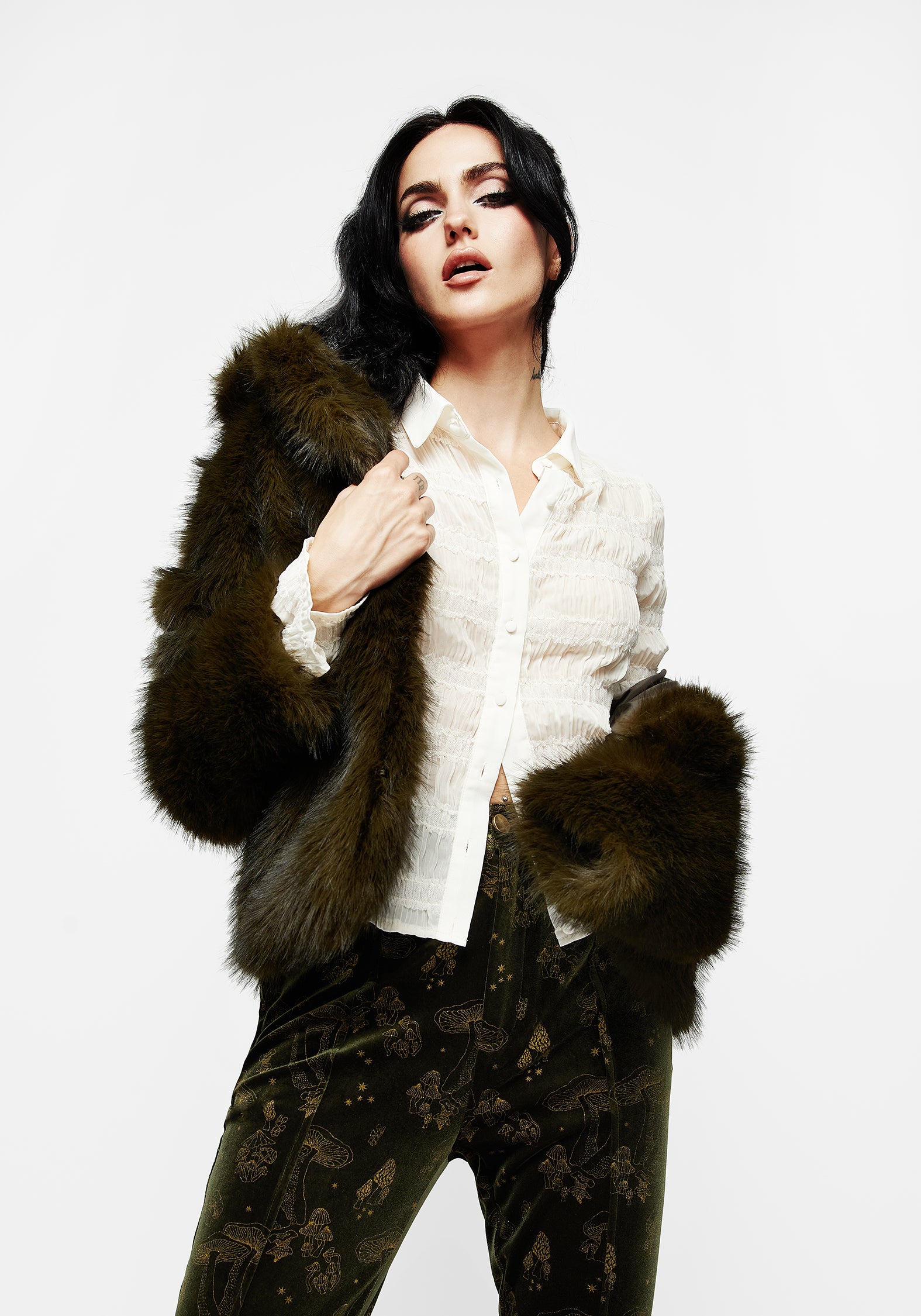 Dark Green Faux Fur Cropped Jacket with Side Pockets | Monstrum