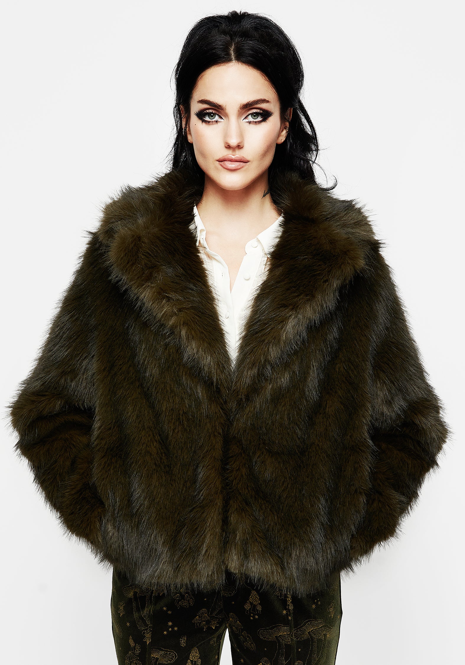 Dark Green Faux Fur Cropped Jacket with Side Pockets | Monstrum