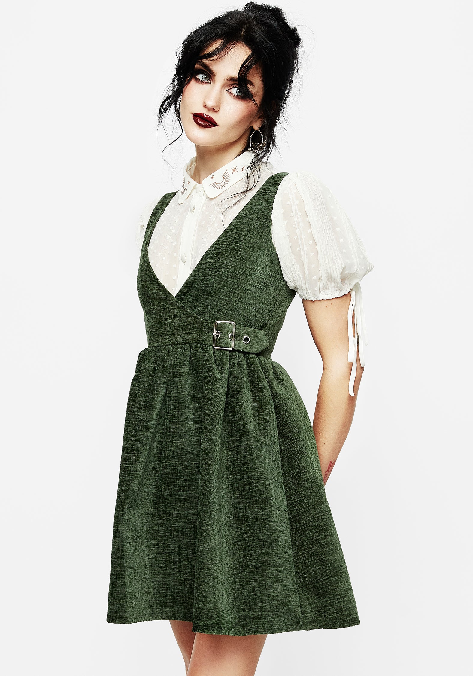 Green Velvet Wrap Suspender Mini Dress with Buckle | Ivy