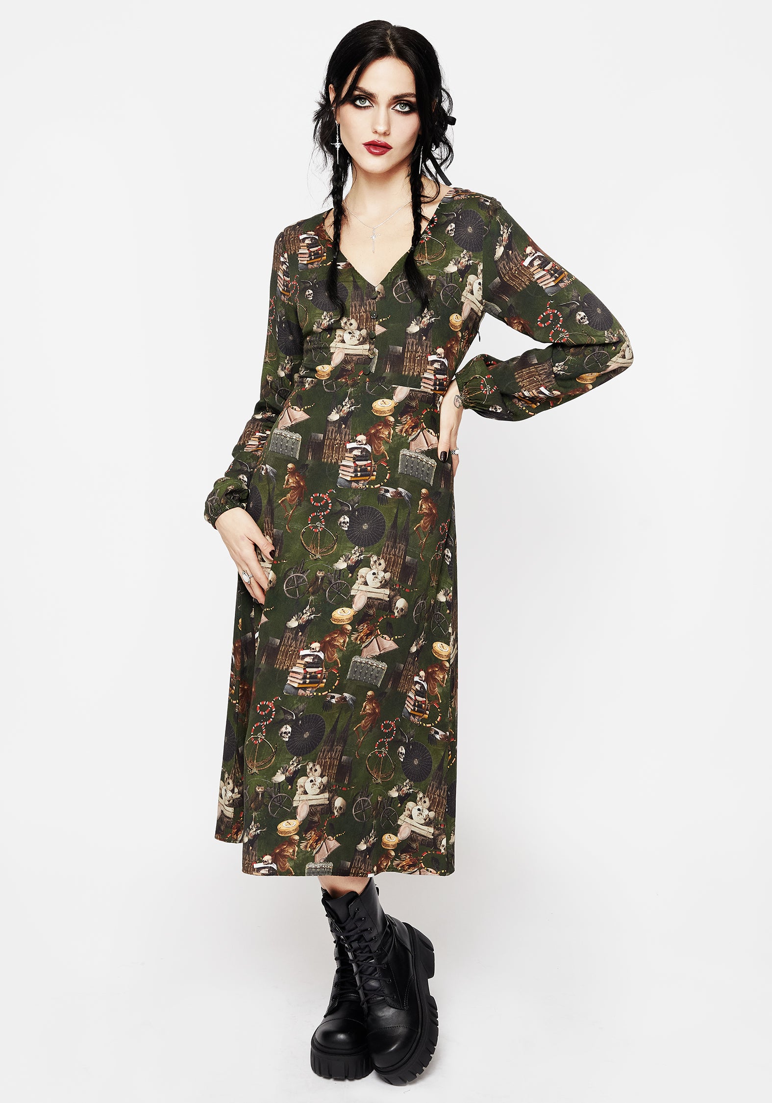 Green Printed Tie Waist Midi Dress with V-Neck & Long Sleeves | Maleficium