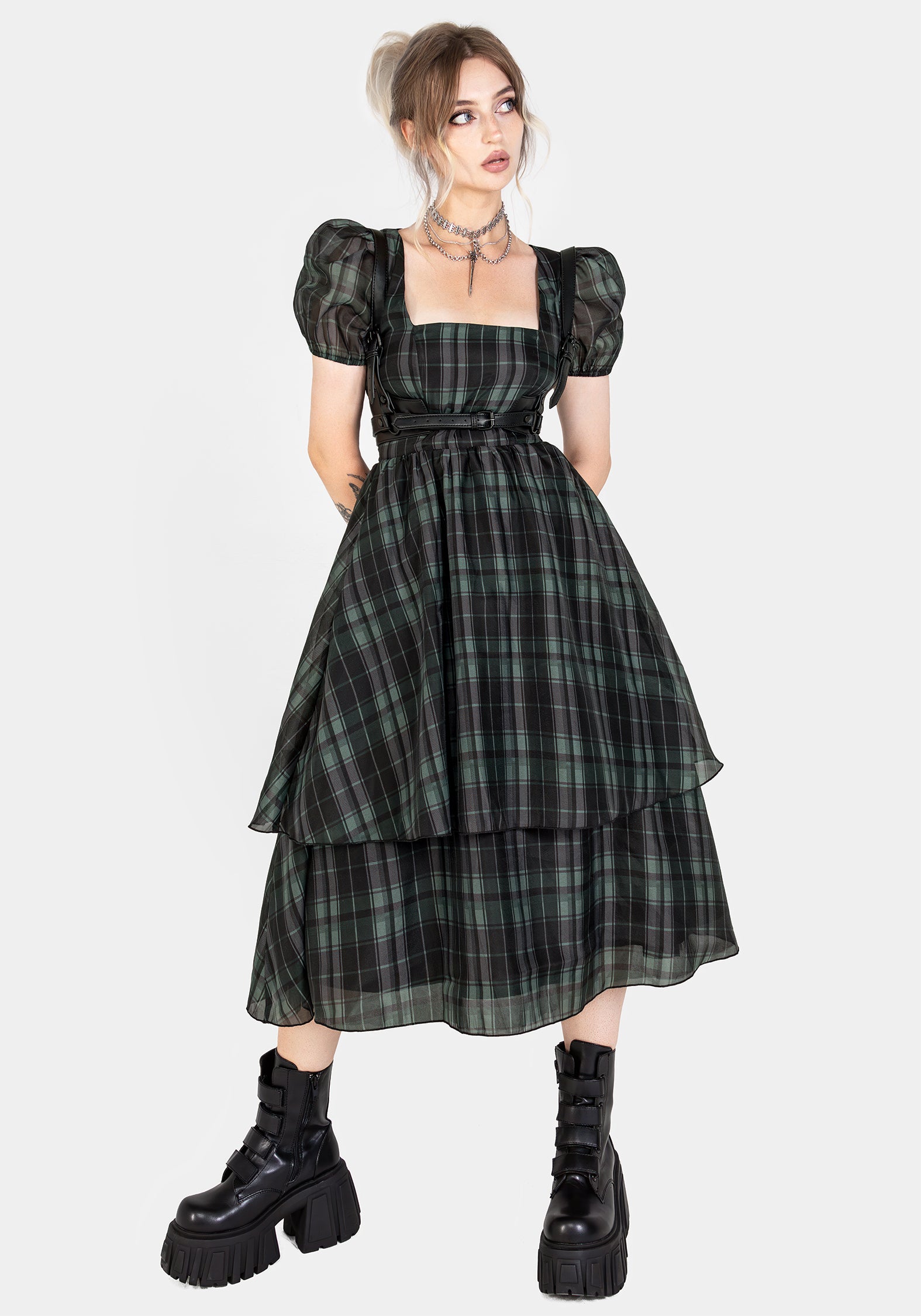 Black & Green Check Organza Puff Sleeve Midi Dress | Checkmate