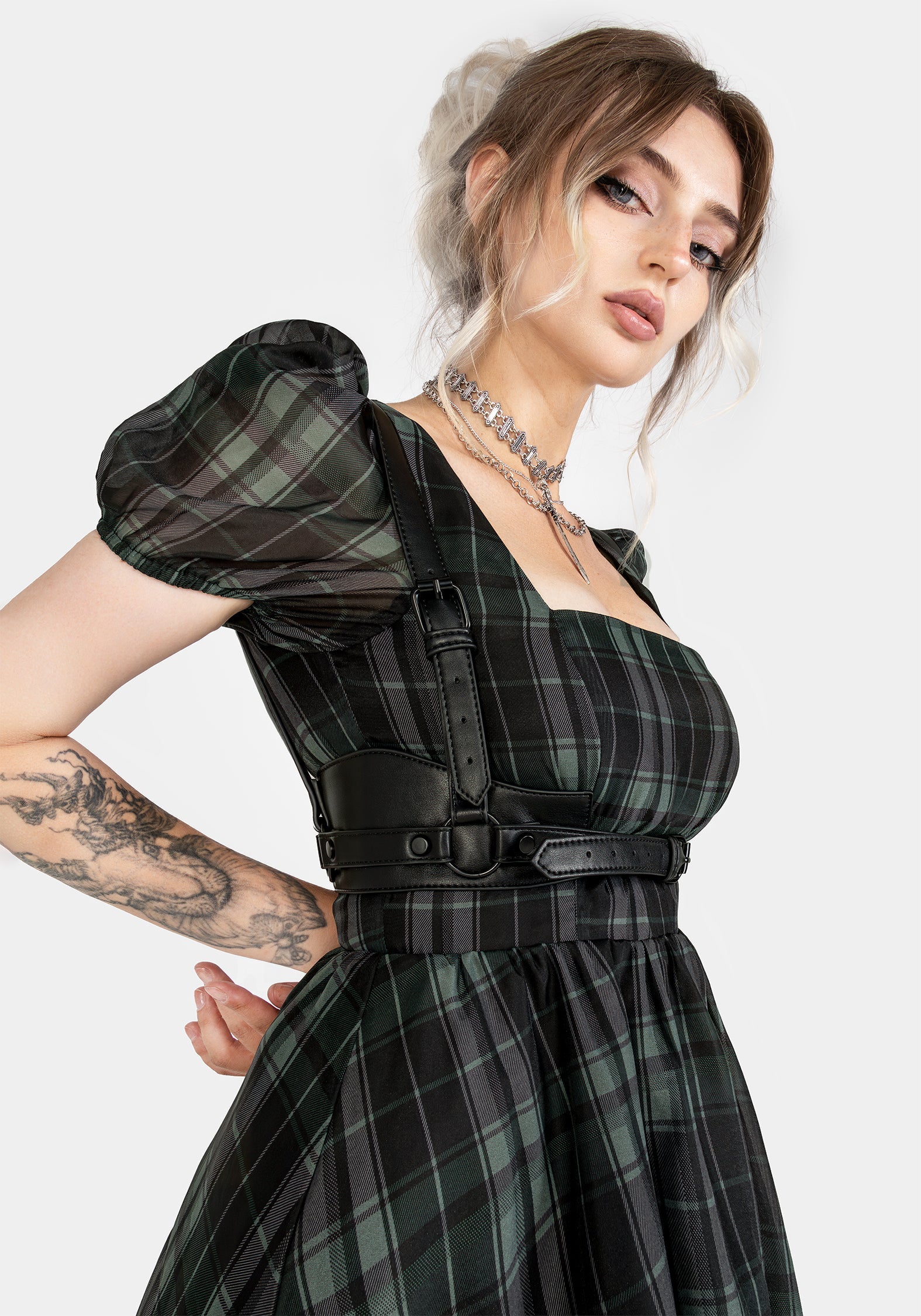 Black & Green Check Organza Puff Sleeve Midi Dress | Checkmate