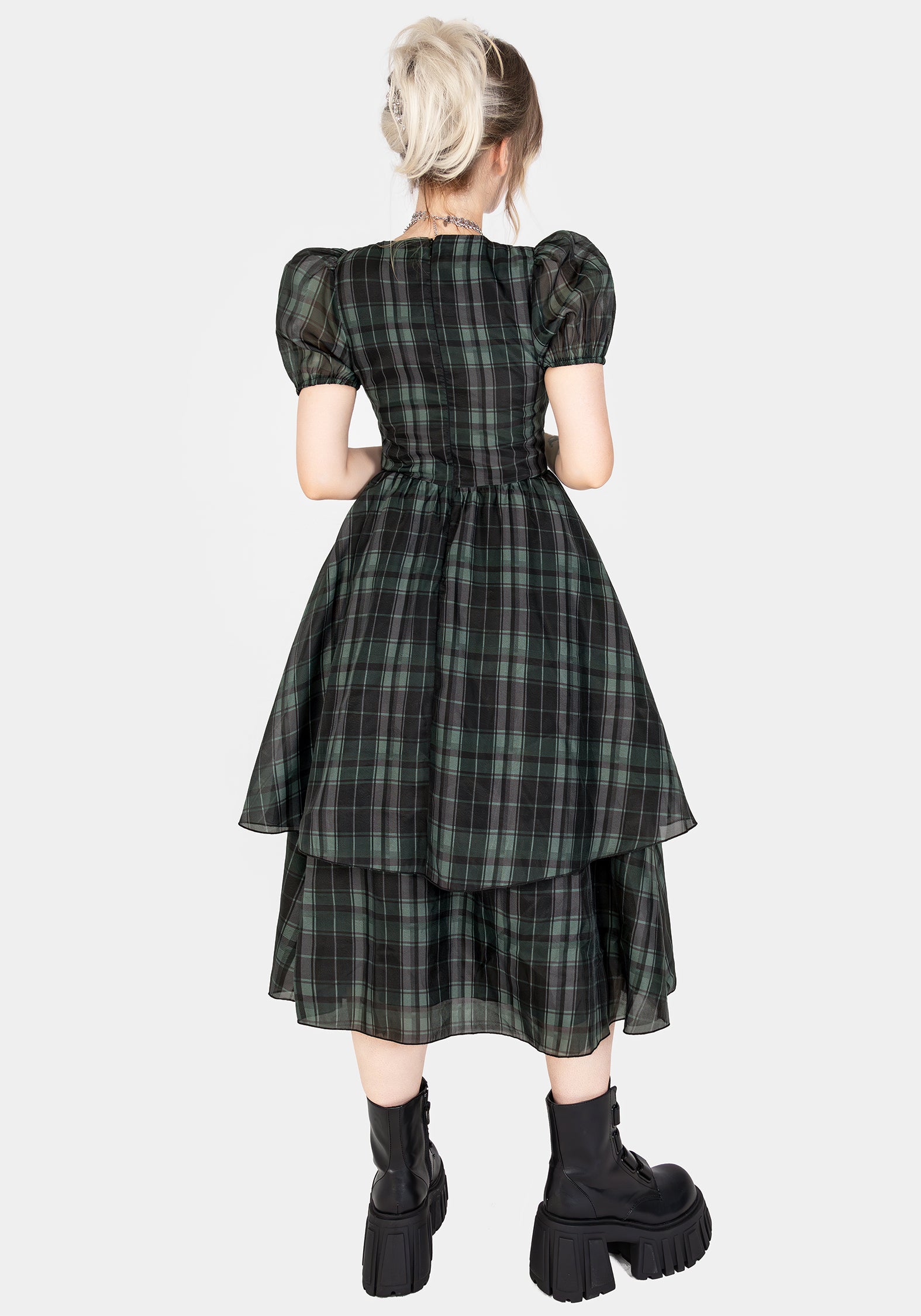Black & Green Check Organza Puff Sleeve Midi Dress | Checkmate
