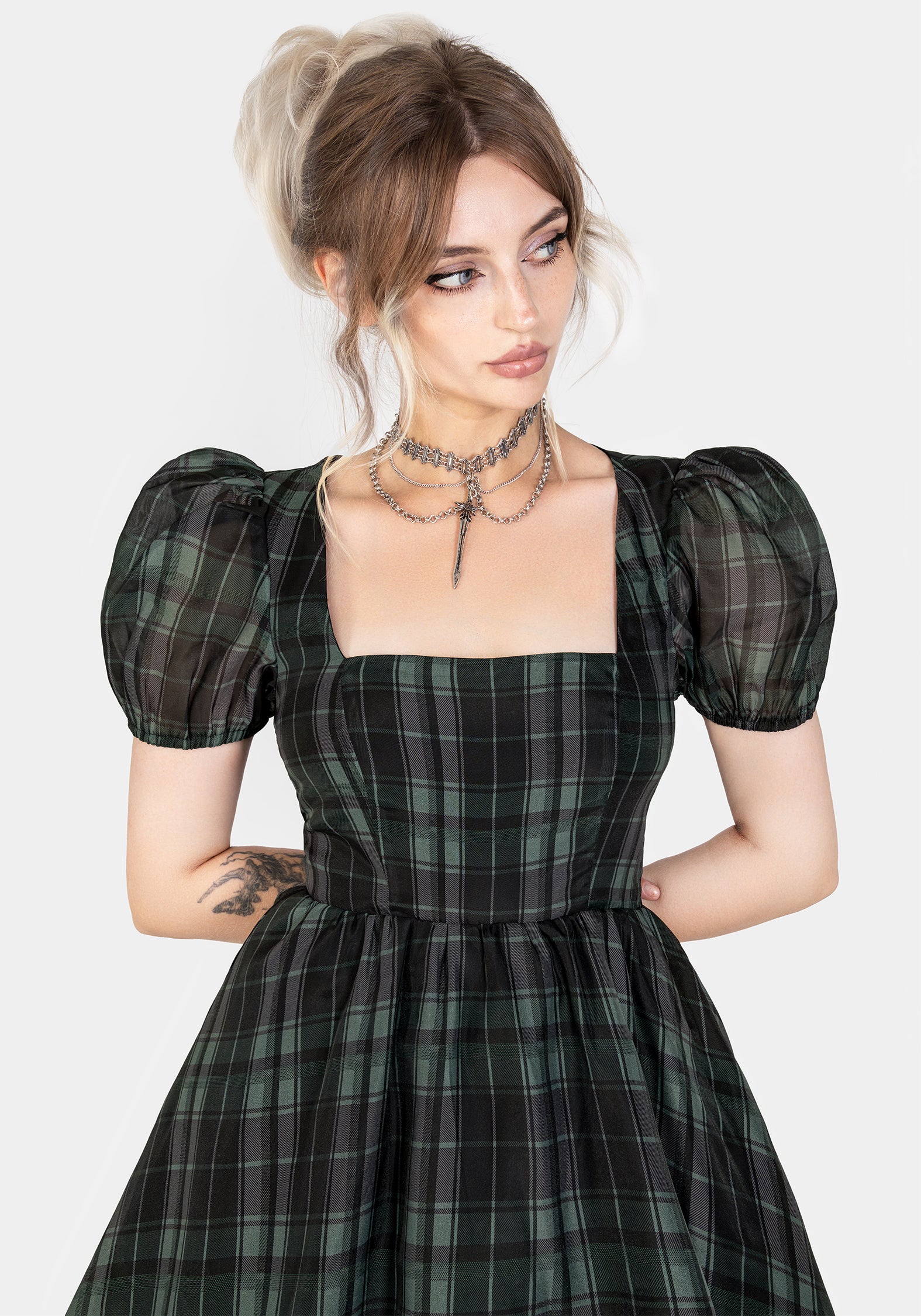 Black & Green Check Organza Puff Sleeve Midi Dress | Checkmate