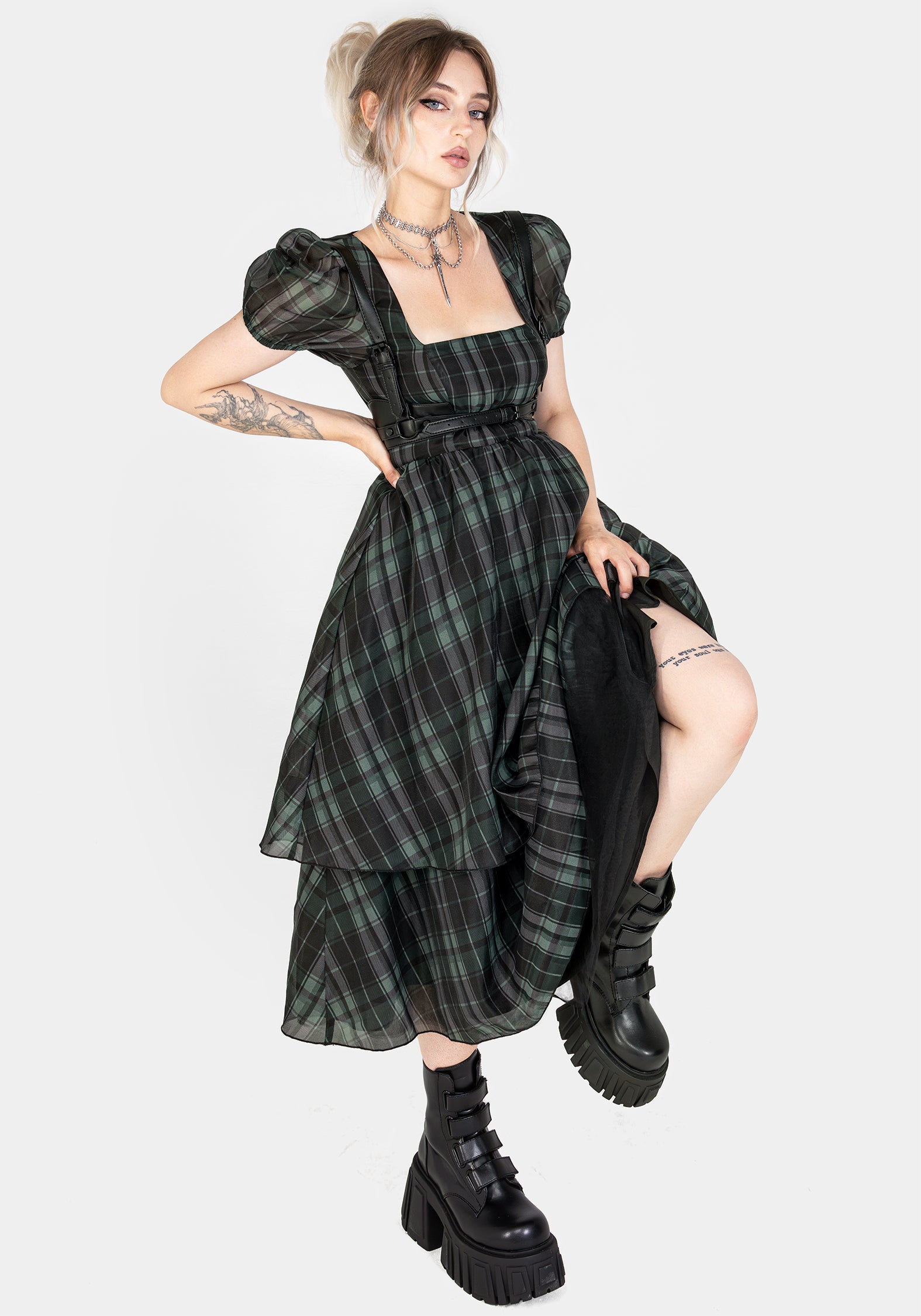 Black & Green Check Organza Puff Sleeve Midi Dress | Checkmate