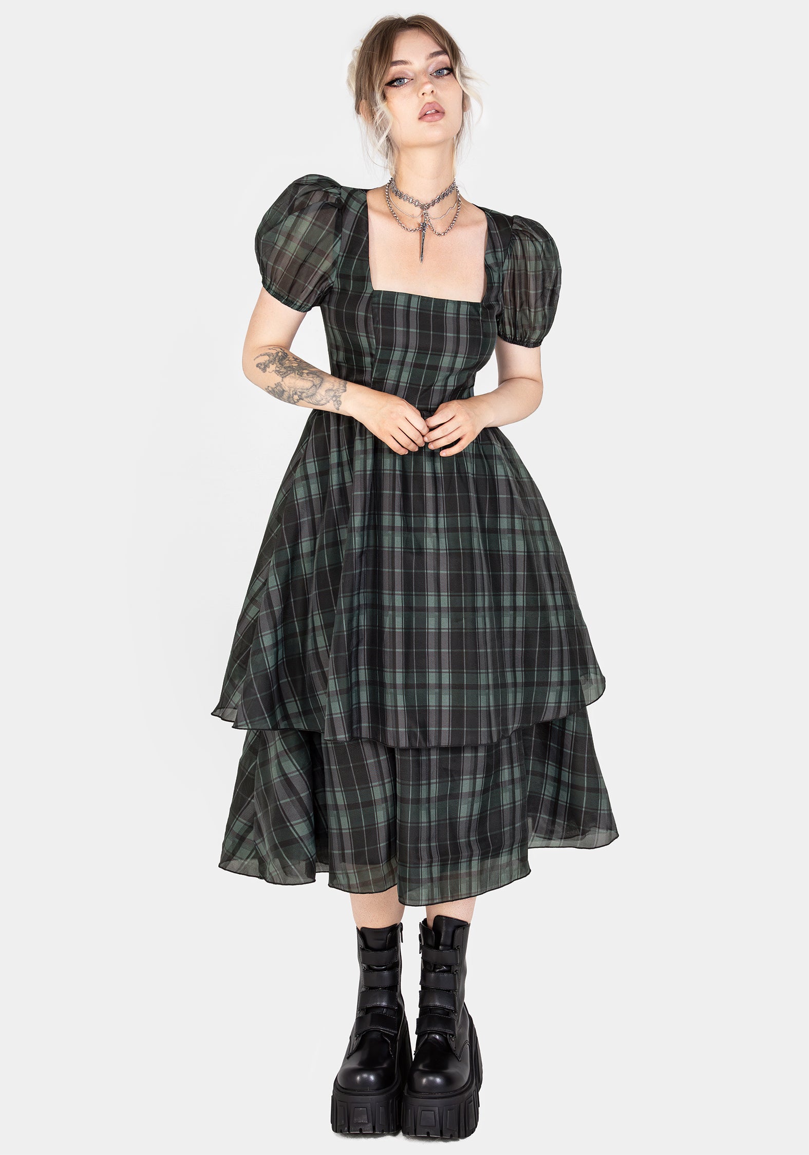 Black & Green Check Organza Puff Sleeve Midi Dress | Checkmate