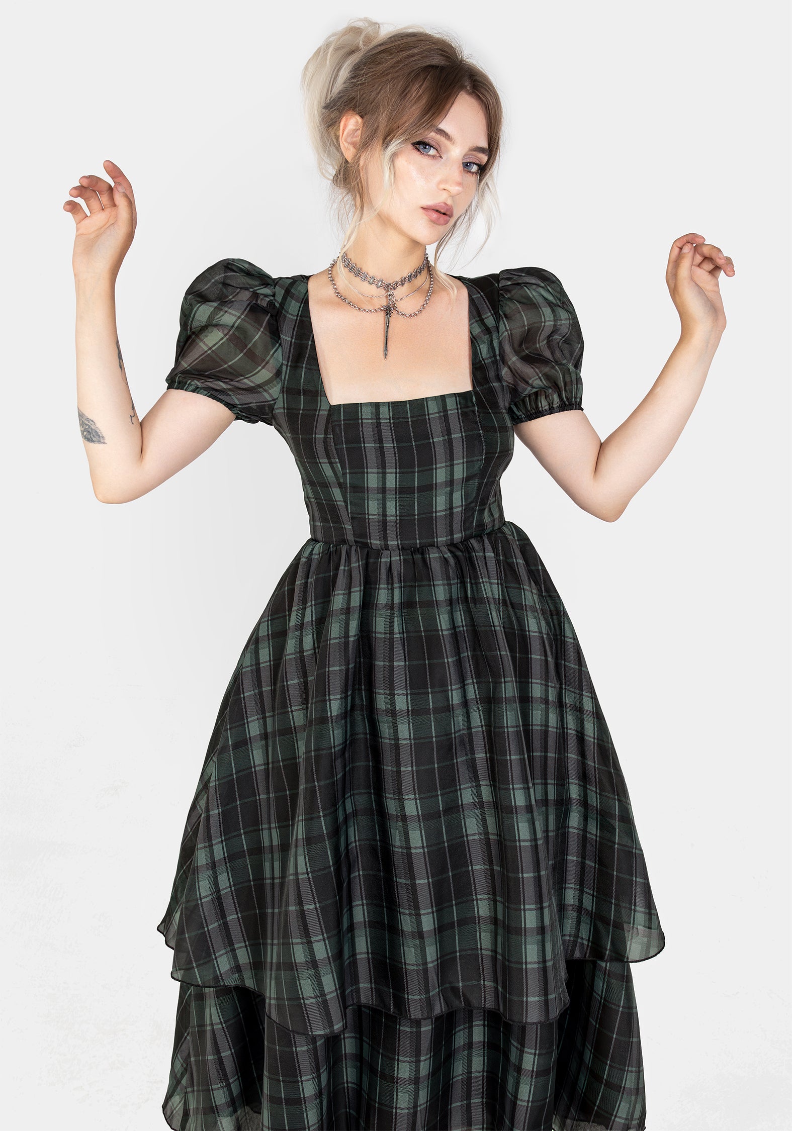 Black & Green Check Organza Puff Sleeve Midi Dress | Checkmate