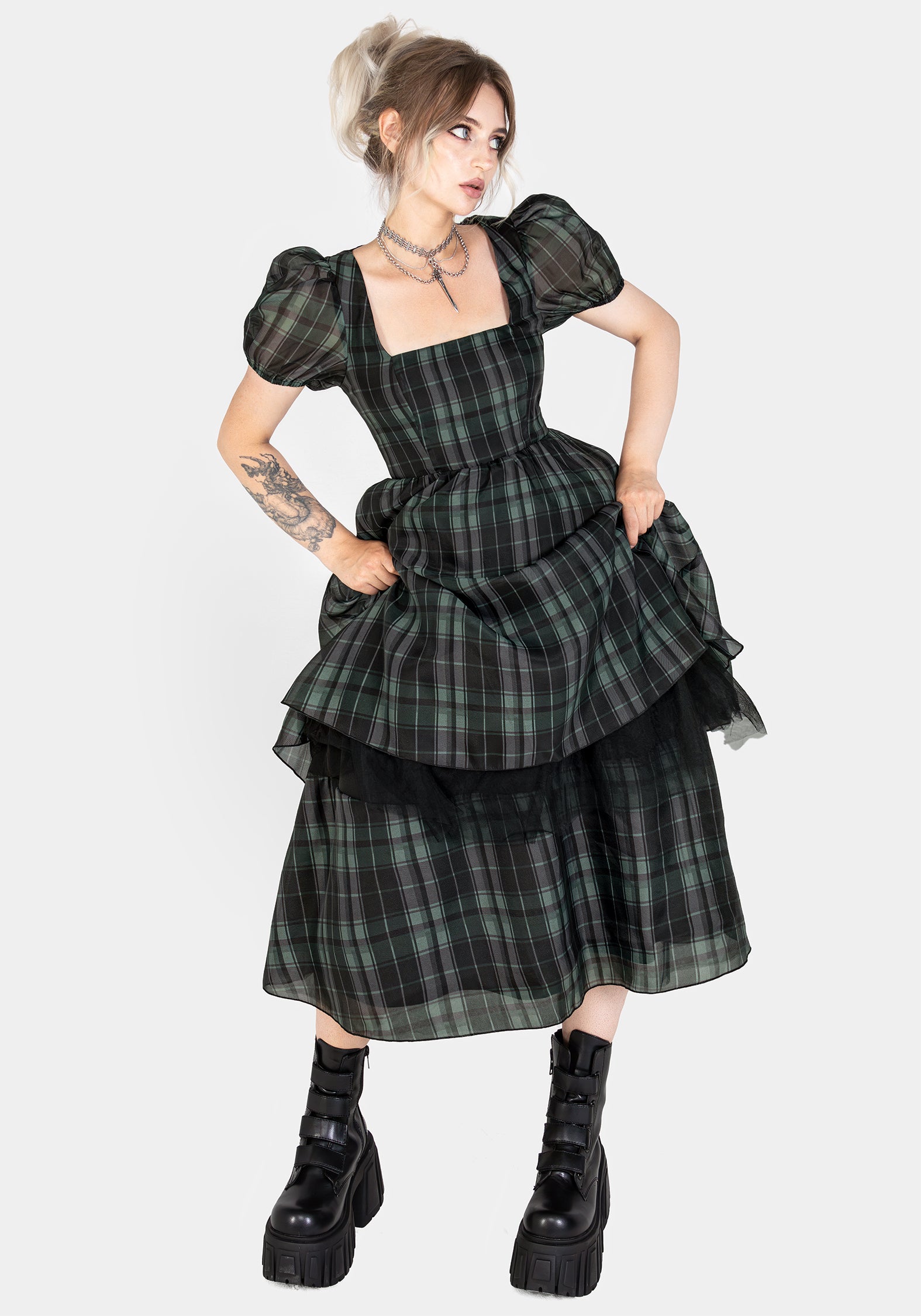 Black & Green Check Organza Puff Sleeve Midi Dress | Checkmate