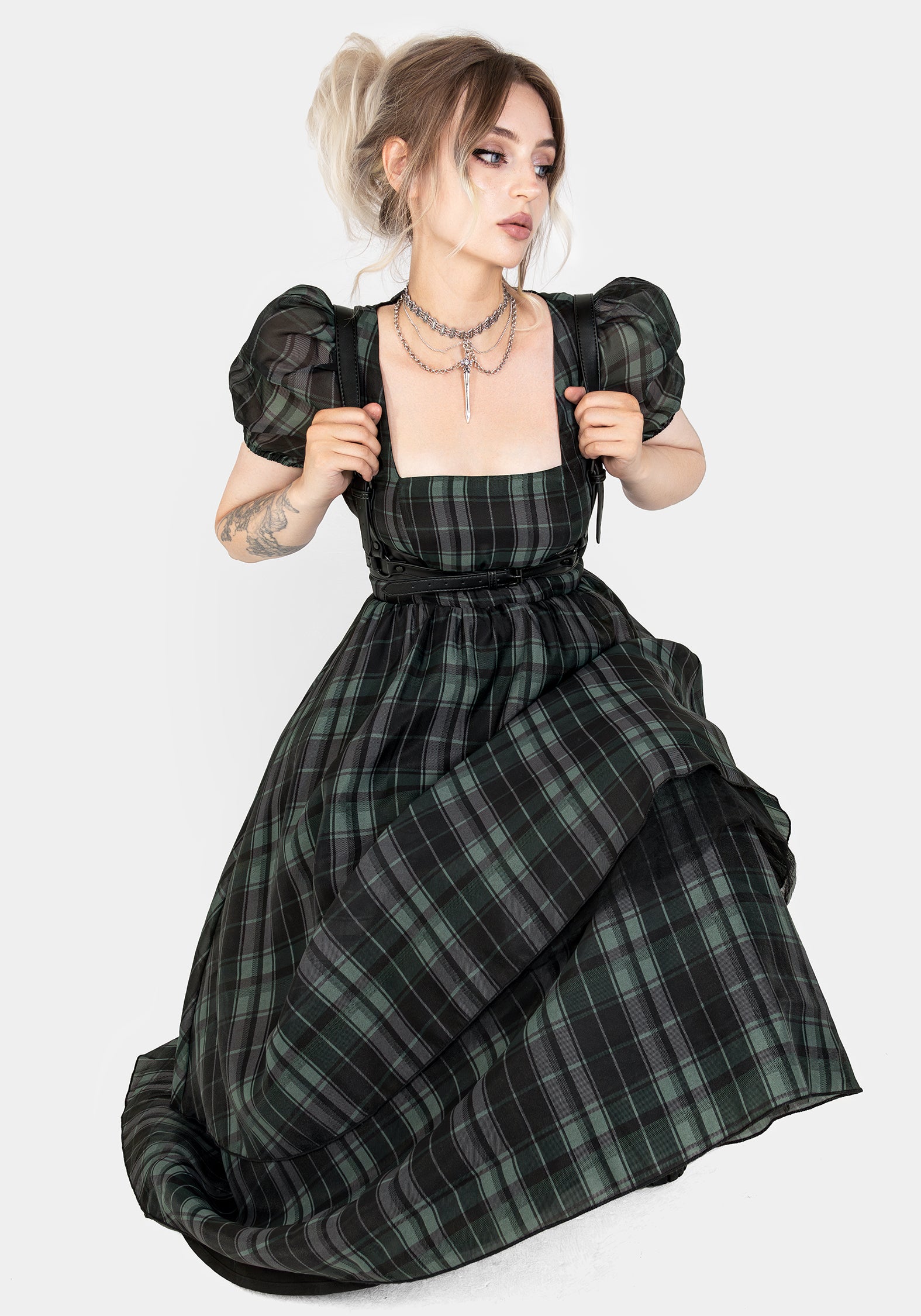 Black & Green Check Organza Puff Sleeve Midi Dress | Checkmate