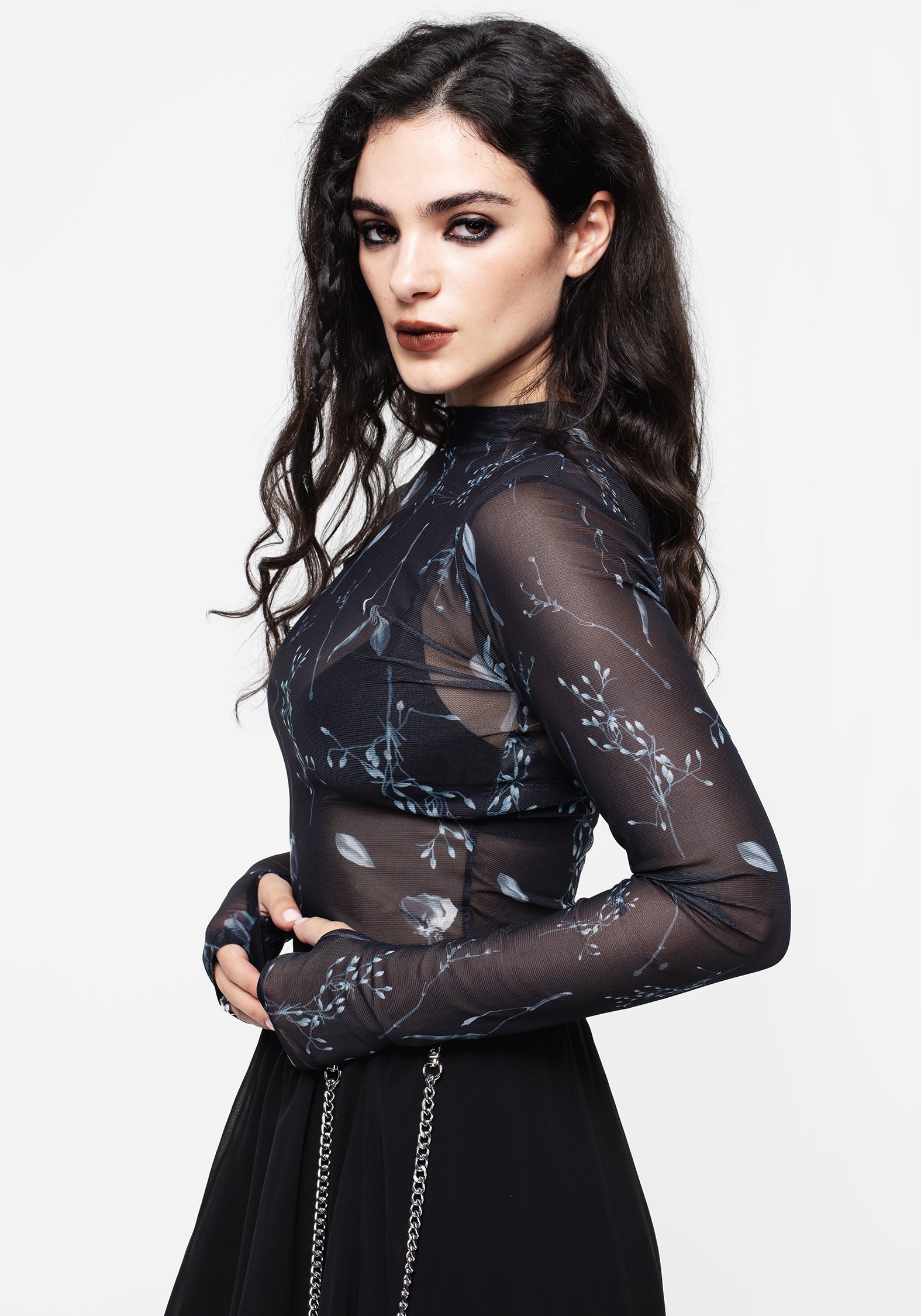 Floral Mesh Long-Sleeve Crop Top | Empathy High Neck