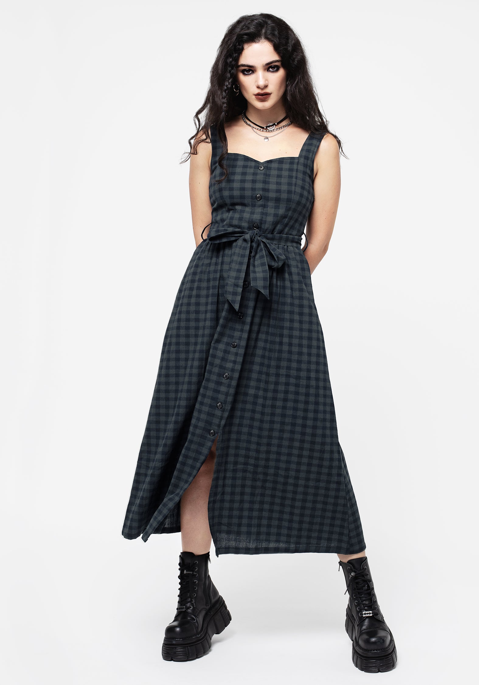 Blue Gingham Check Cotton Maxi Dress with Pockets | Jeannie