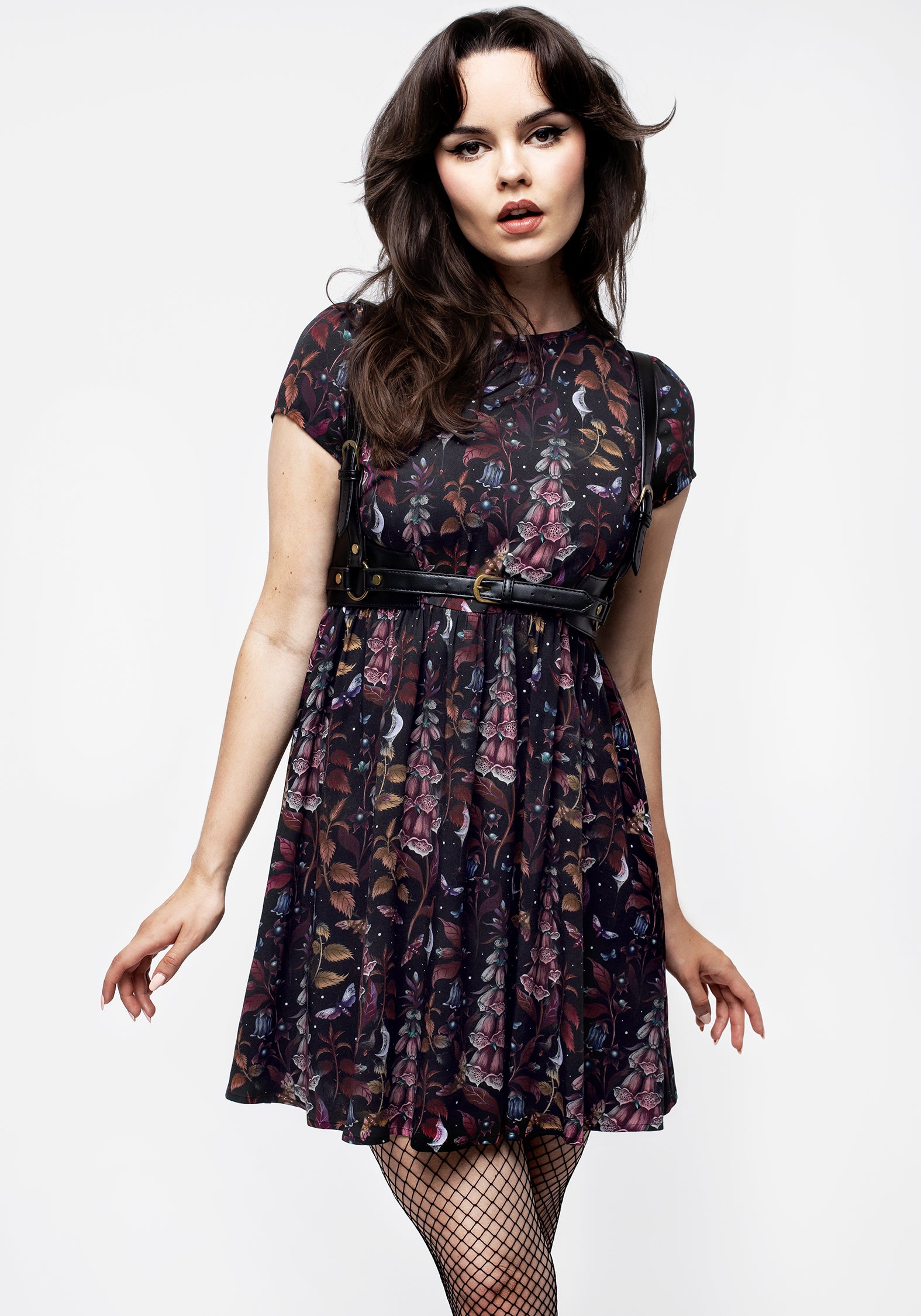 Black Floral Mini Skater Dress with Cap Sleeves | Foxglove