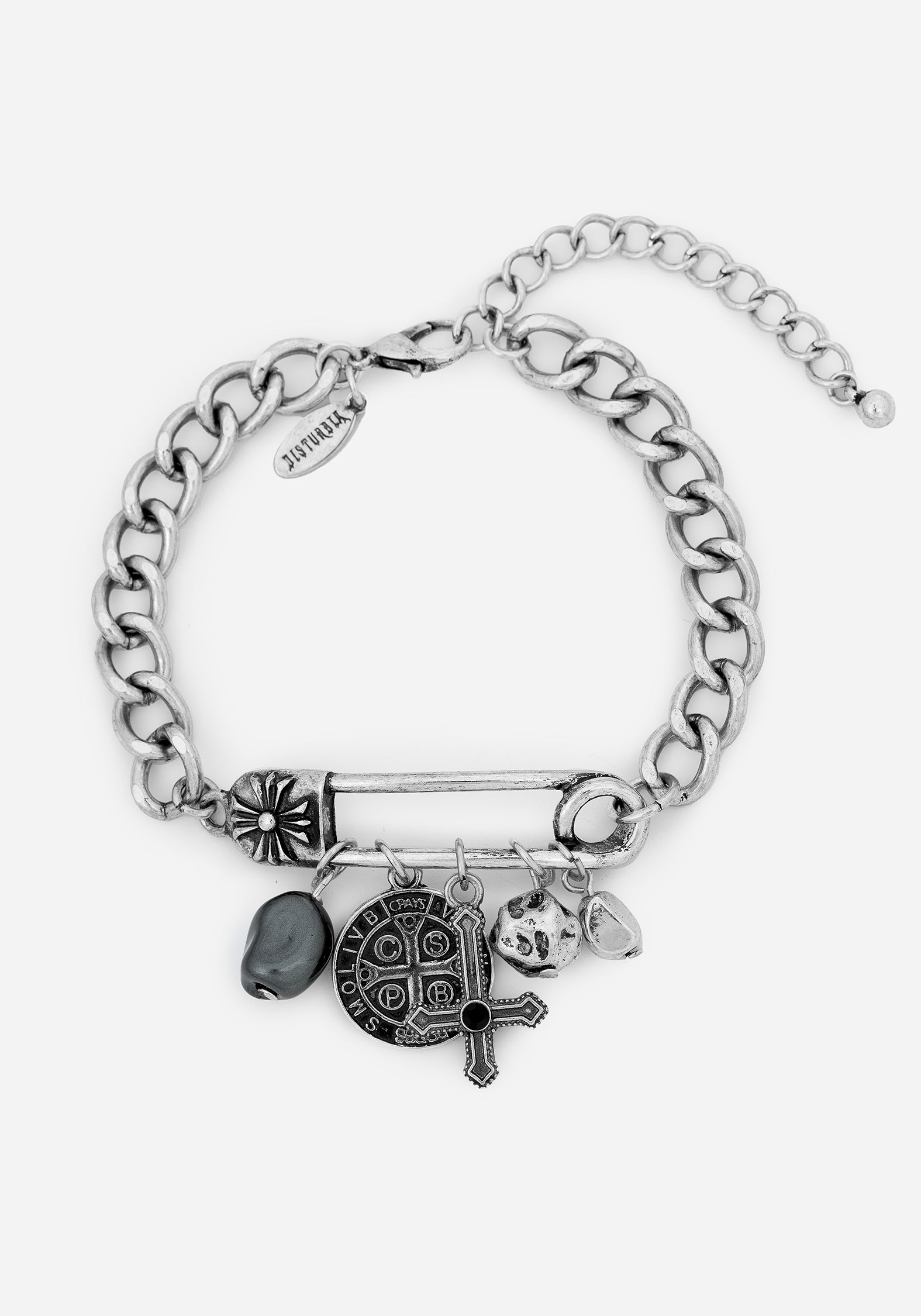 Silver Pearl Bracelet with Faux Safety Pin Charm | Leila