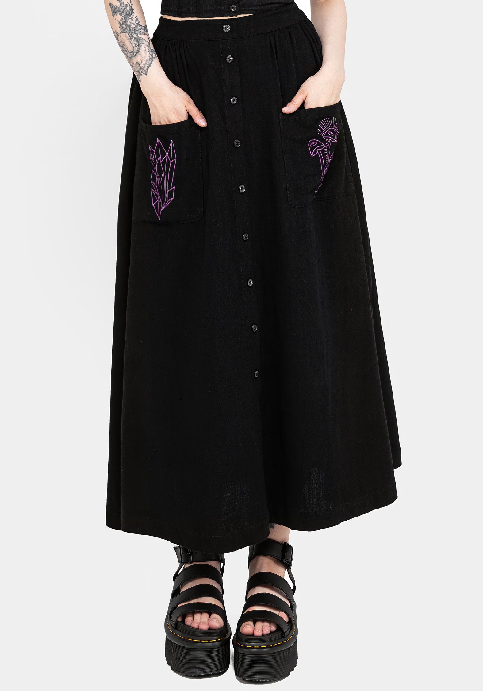 Black Embroidered Button Up Midaxi Skirt | Scutellaria
