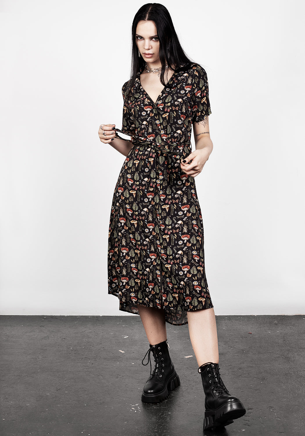 Black Printed Button Up Shirt Dress with Belt | Luthien