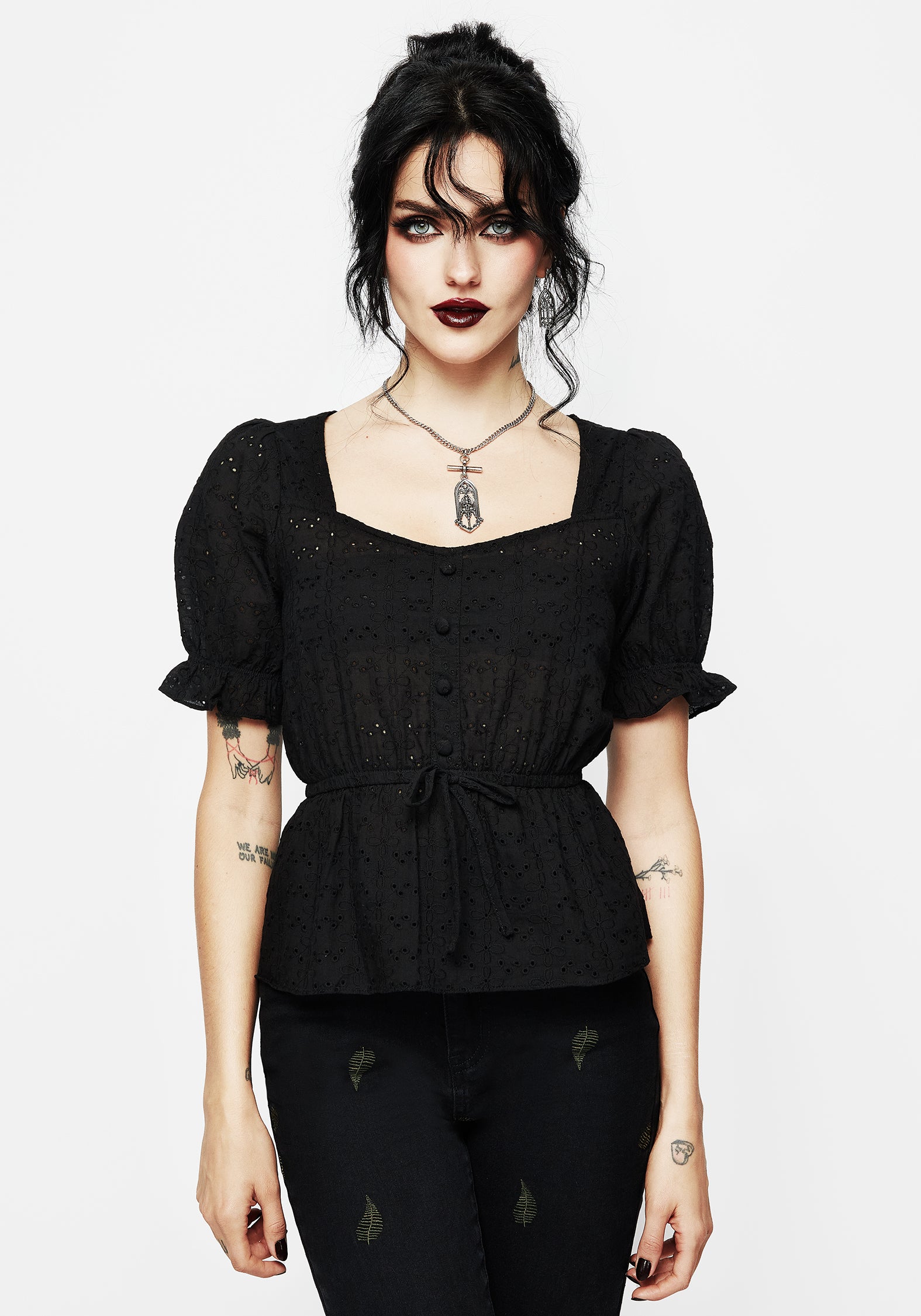Black Broderie Ruffle Peplum Top with Sweetheart Neckline | Pendula