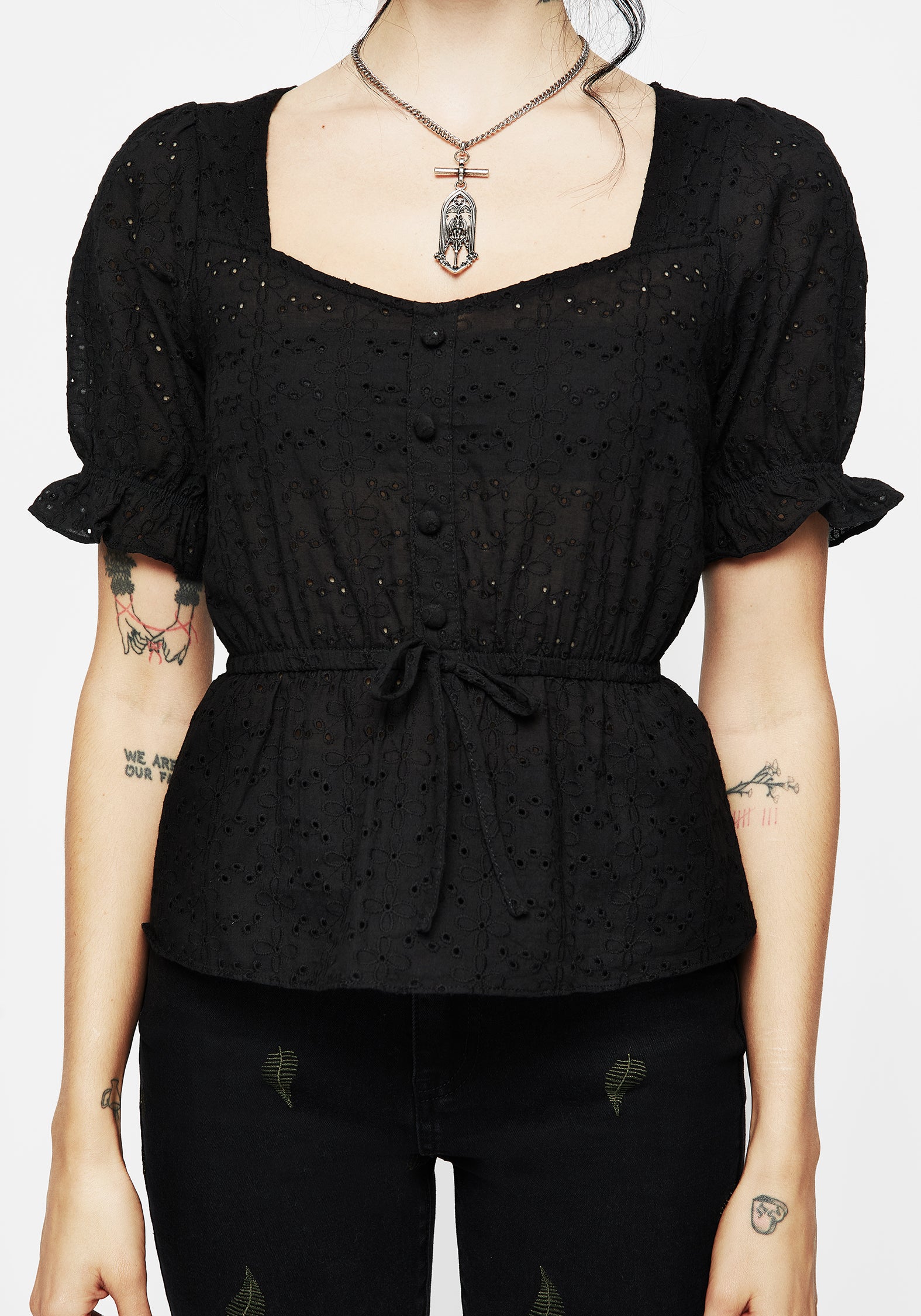 Black Broderie Ruffle Peplum Top with Sweetheart Neckline | Pendula