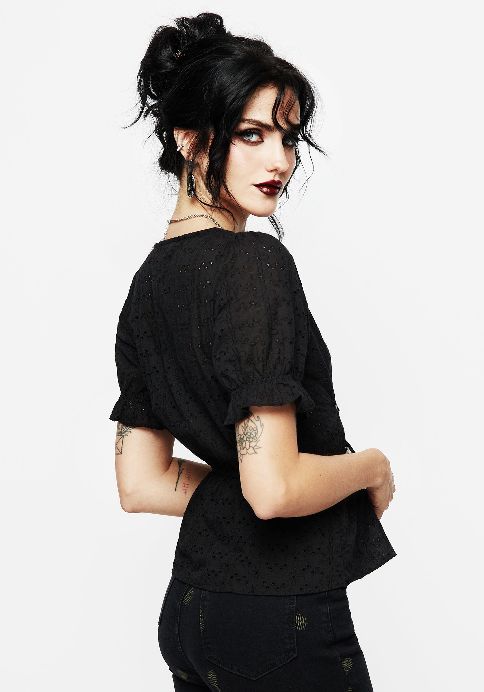 Black Broderie Ruffle Peplum Top with Sweetheart Neckline | Pendula