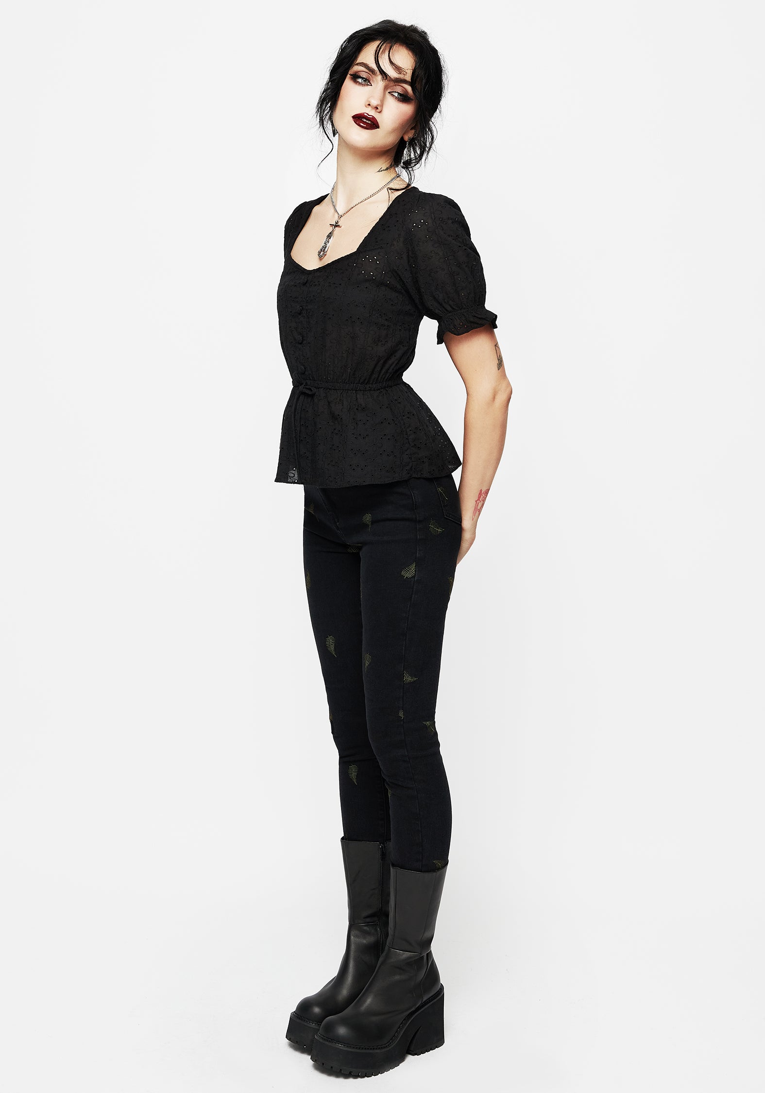 Black Broderie Ruffle Peplum Top with Sweetheart Neckline | Pendula
