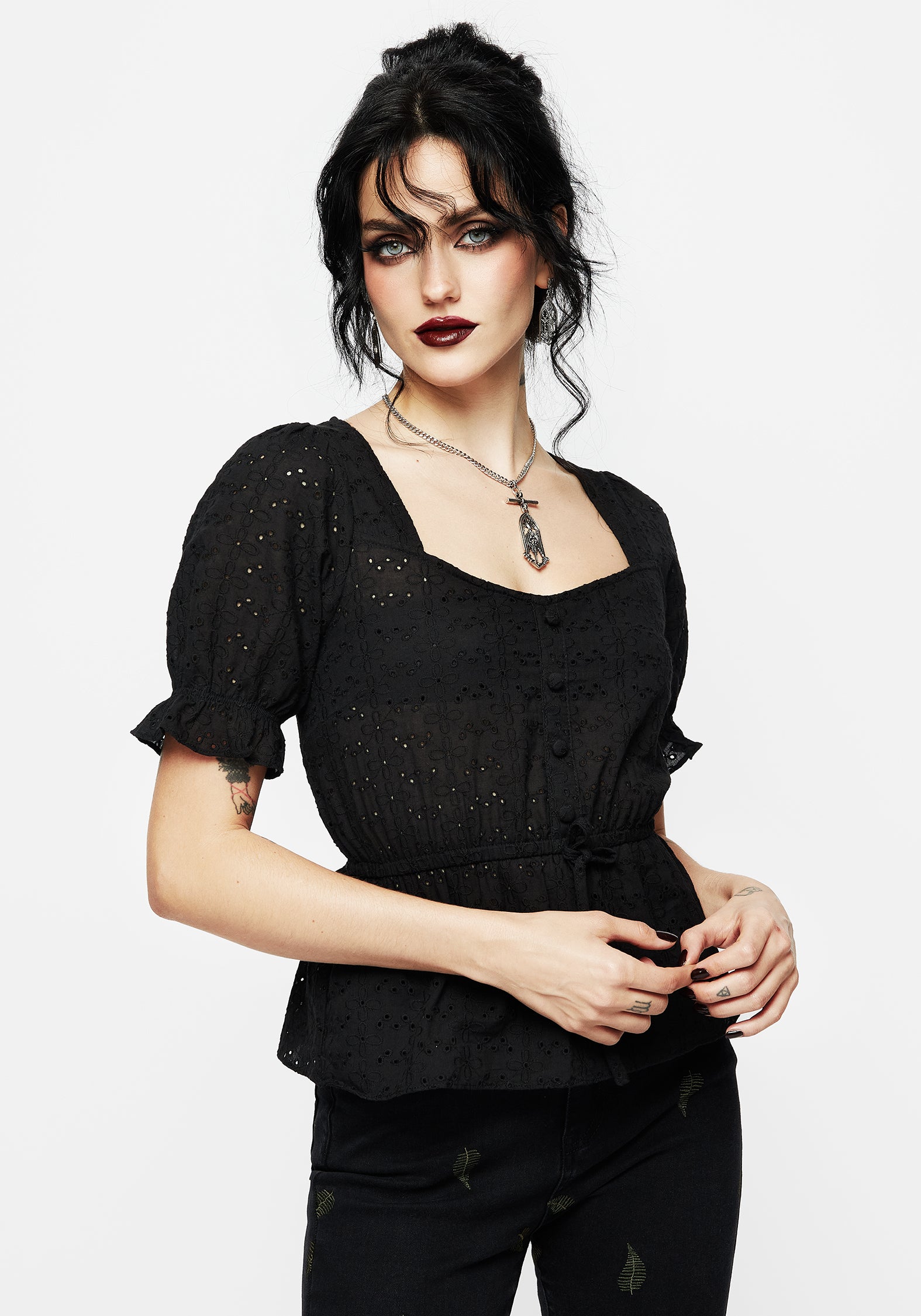 Black Broderie Ruffle Peplum Top with Sweetheart Neckline | Pendula