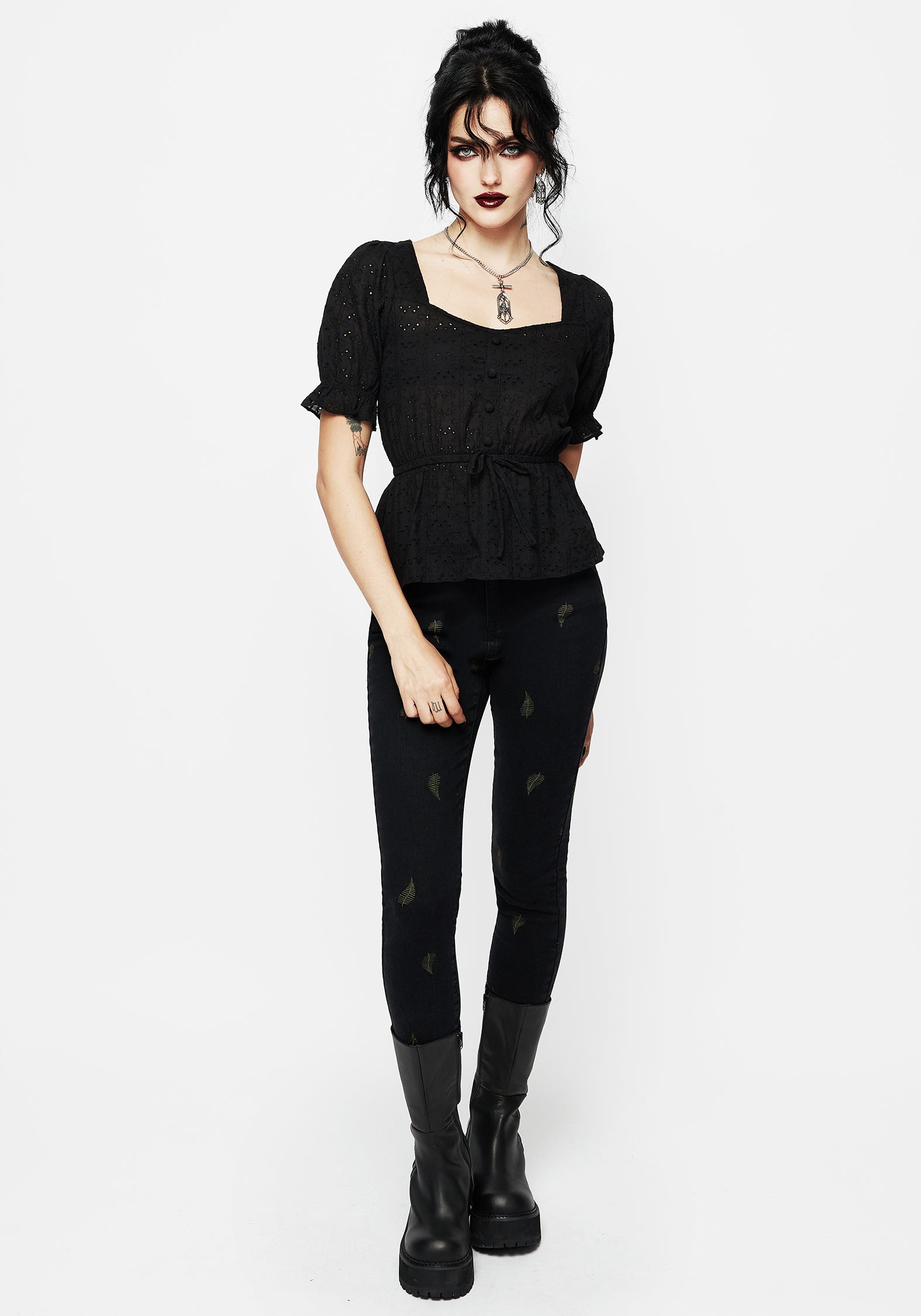 Black Broderie Ruffle Peplum Top with Sweetheart Neckline | Pendula
