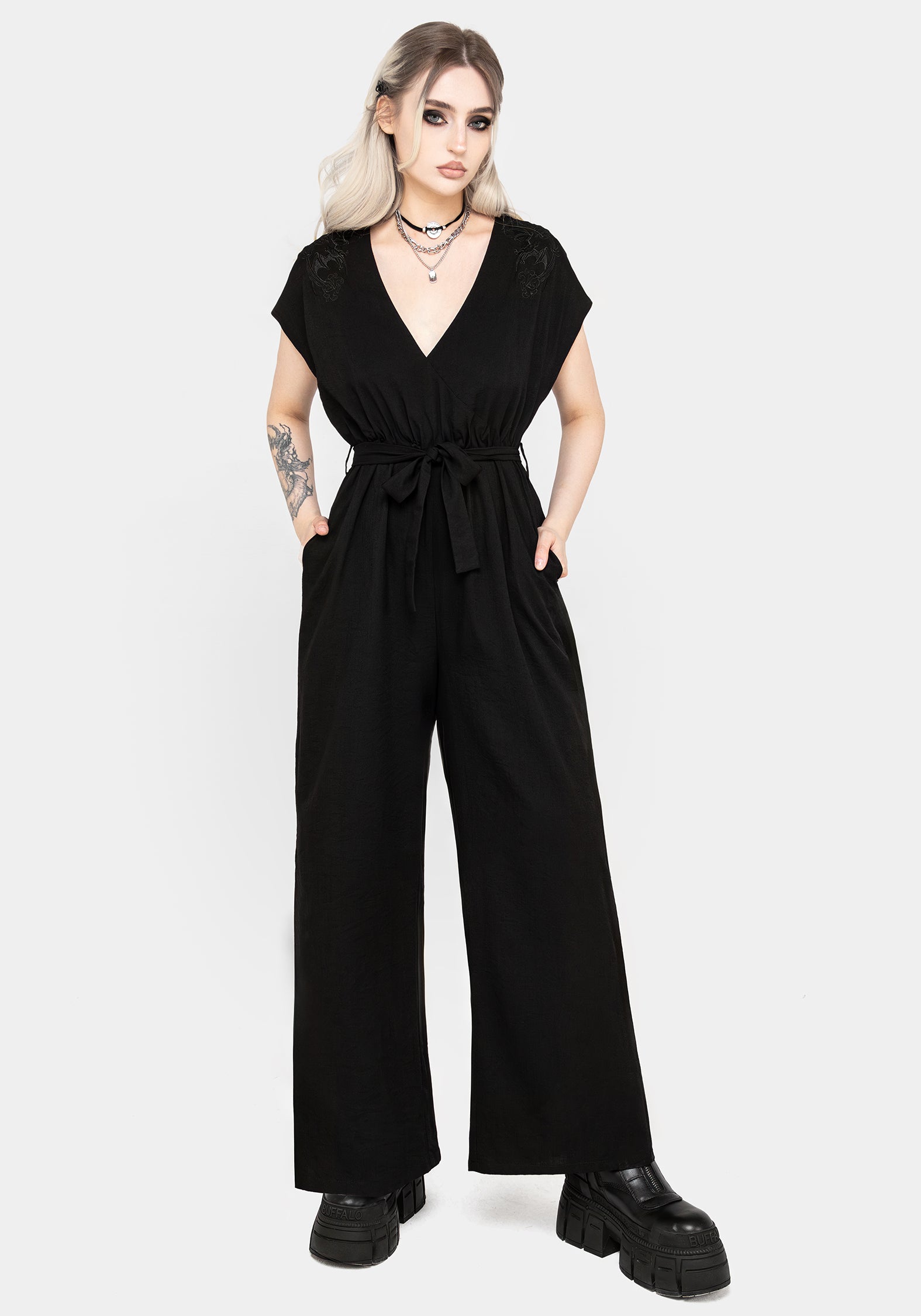 Black Bat Embroidered Jumpsuit for Women | Vampyrum