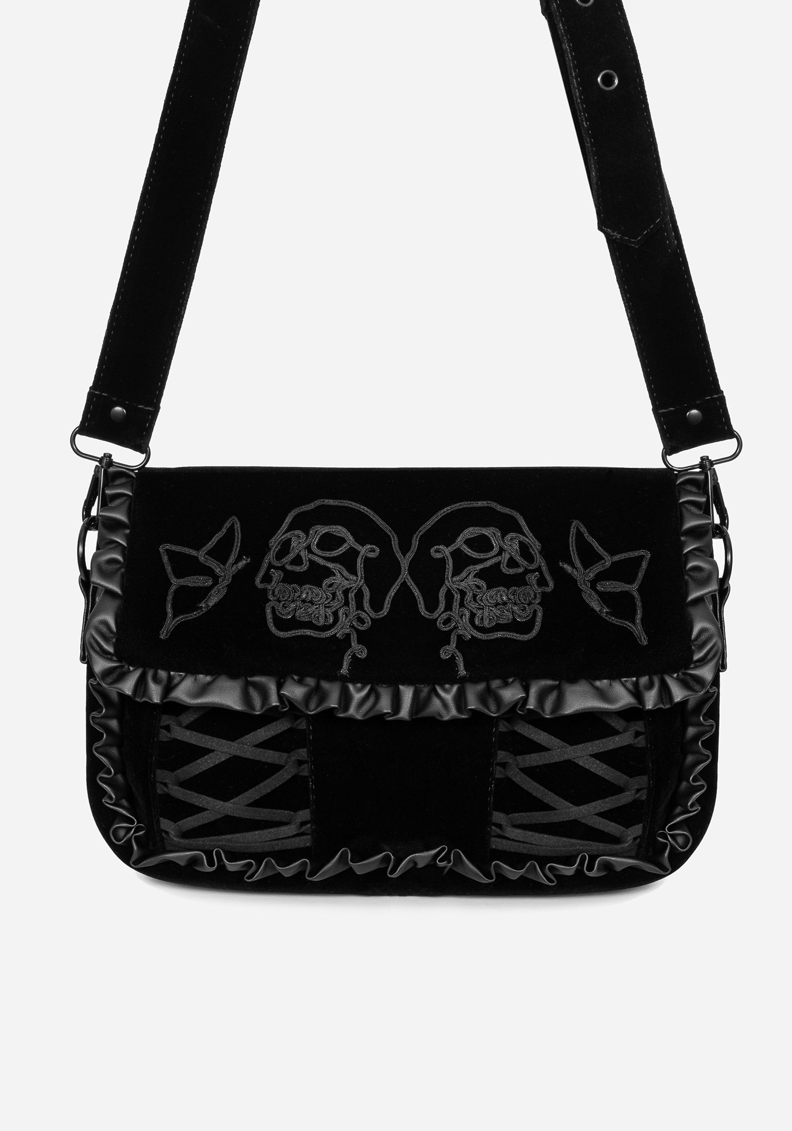Skull Embroidered Velour Crossbody Bag with Adjustable Strap | Clarice